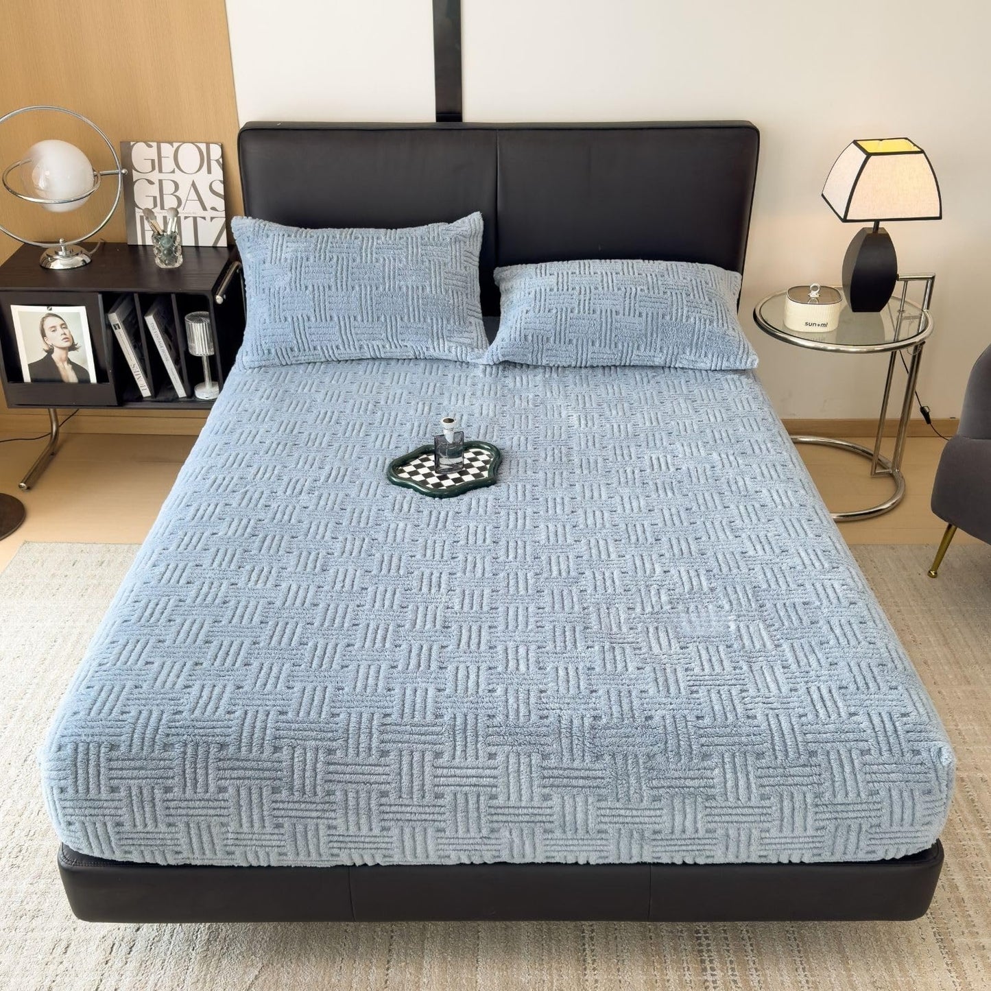 ZIQINPSQ Twin Size Flannel Fitted Sheet - 1 Piece Winter Warm Deep Pocket (15") Bed Sheet, Shrink & Fade Resistant, Hotel Quality, Light Steel Blue