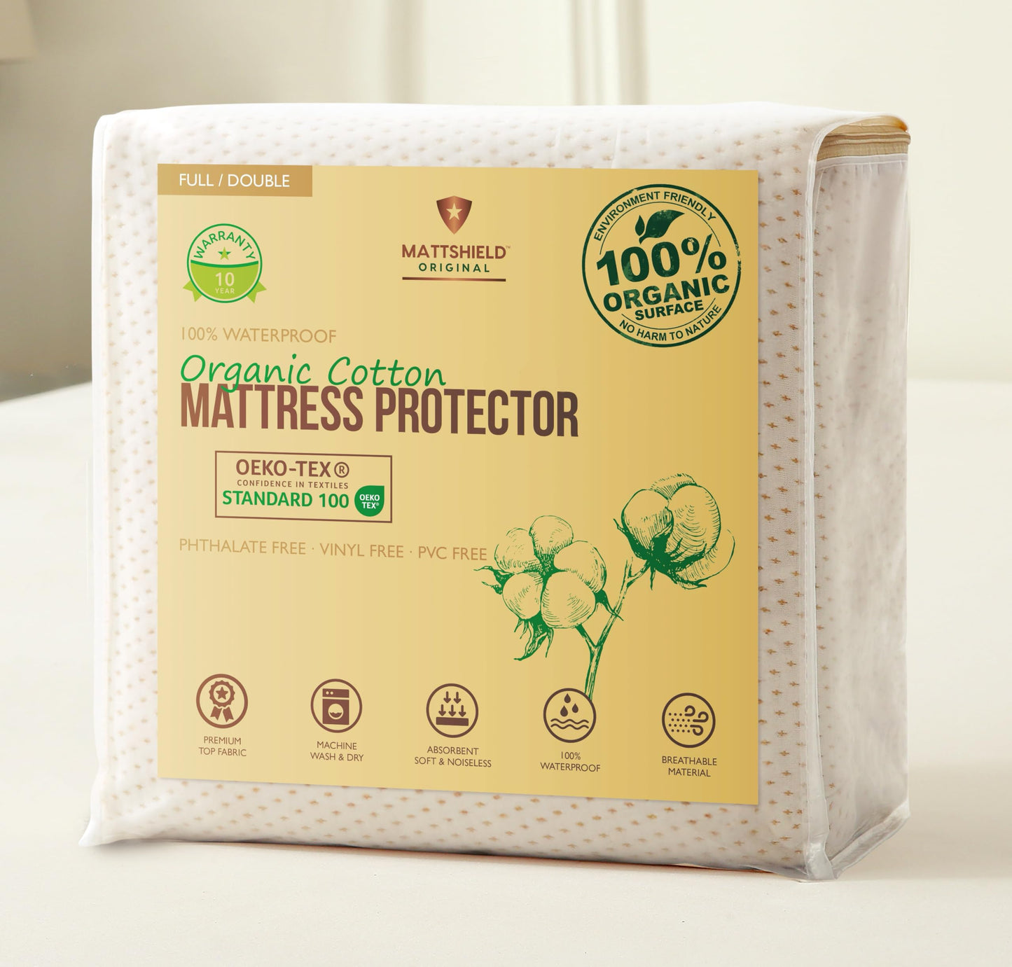 Deluxe Cooling Mattress Protector Full - Waterproof - Crisp, Breathable Organic Cotton Surface with a Percale-Inspired Feel - 280GSM Air-Knit Mattress Pad - Noiseless Deep Pocket