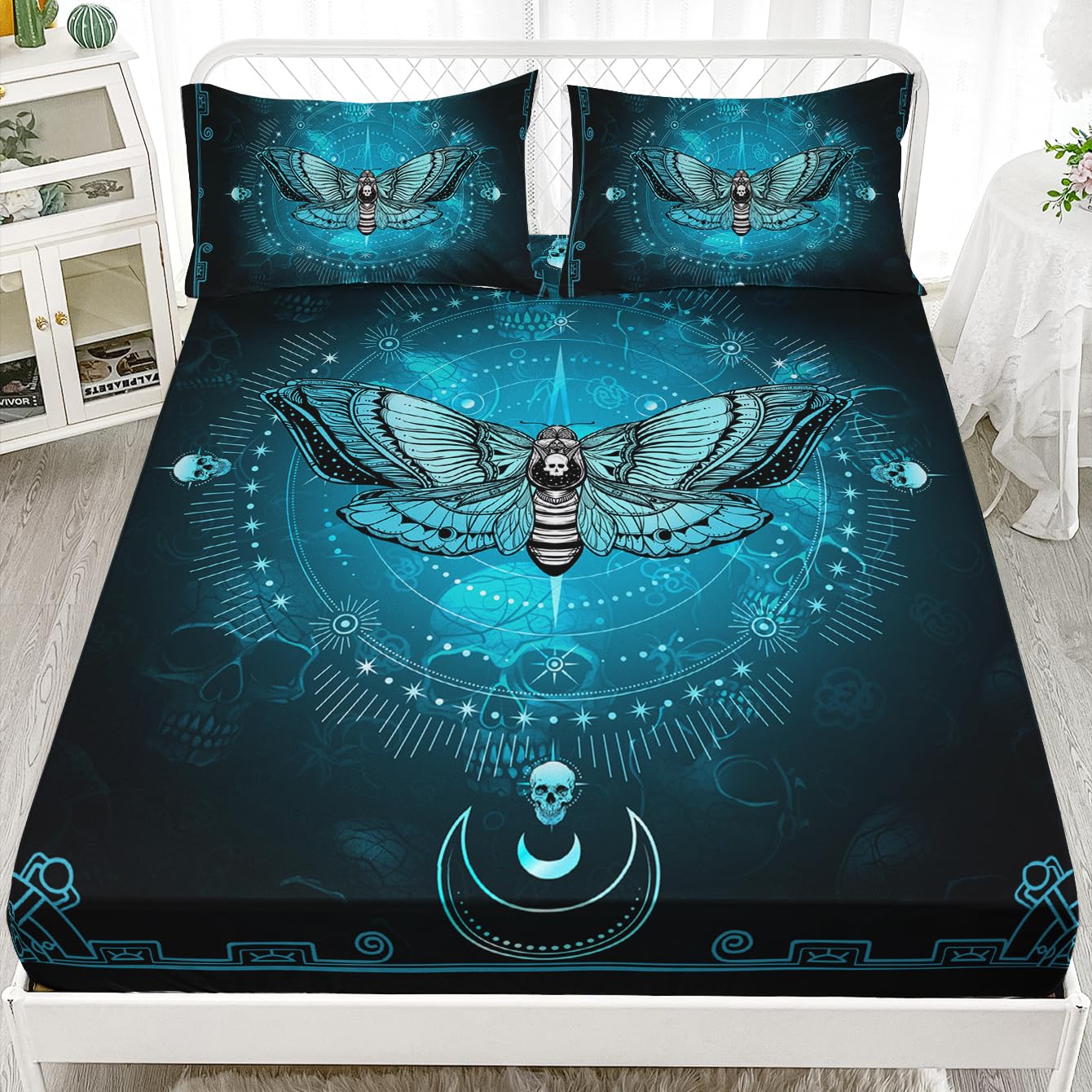 HOSIMA Goth Bedding Set 3 Pieces,Death Moth Skull Heads Fitted Sheet Bed in A Bag Full Size for Adults Boys Girls Room Decor,Horror Theme Halloween Bedding Butterfly Bed Set.