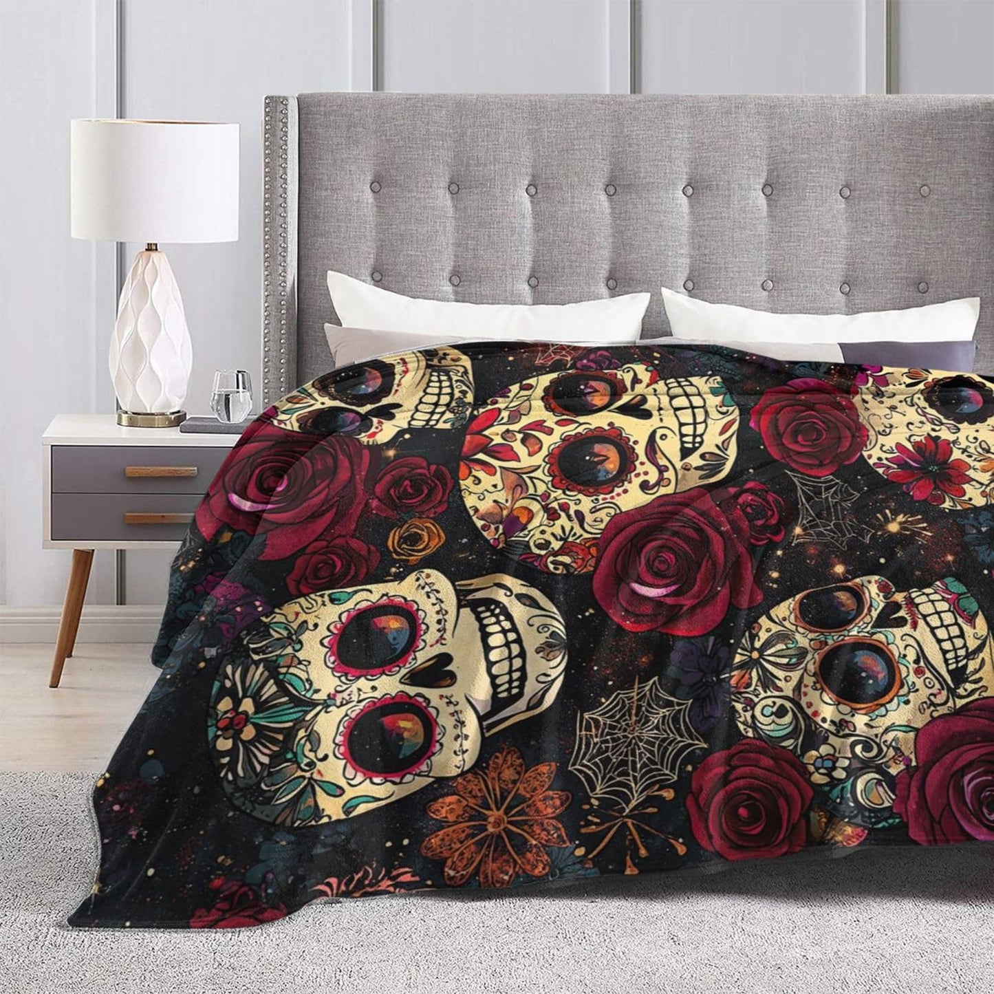 Skull Blanket Gothic Rose Flower Soft Flannel Blanket for Couch or Room Decor 60"x50"