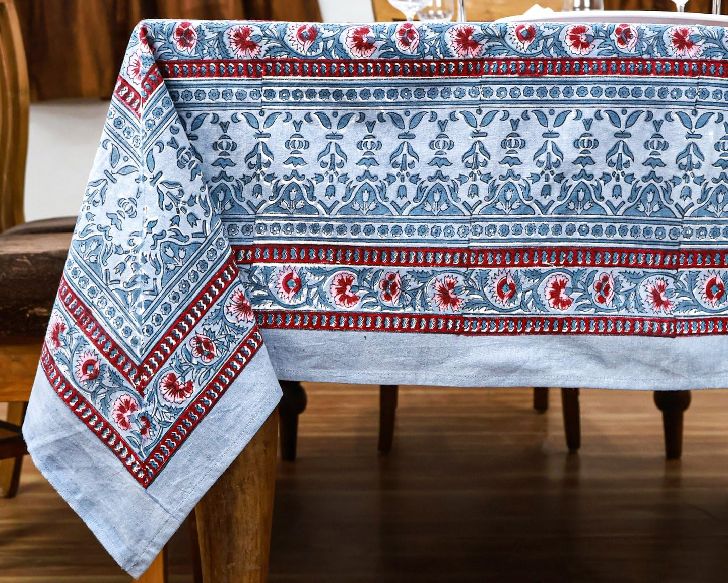 72x108 Inches Rectangle Hand Block Printed Cotton Tablecloth, Red Grey Floral Table Cloths Washable, Indian Table Linen for Outdoor Thanksgiving Gifts Home Decor Dinning Outdoor