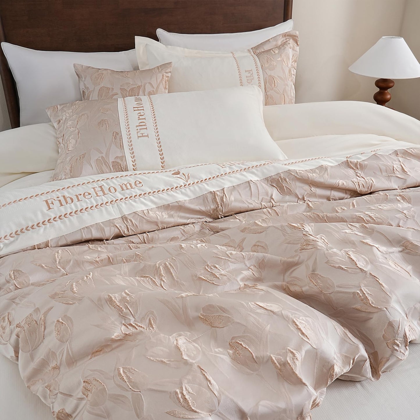 Queen Bed in a Bag 6-Pieces Jacquard Embroidery Splicing Design Tulip Flowers Bedding Set Beige and Champagne Comforter Set Durable and Super Soft Microfiber Comforter for All Season (fd002-Queen)