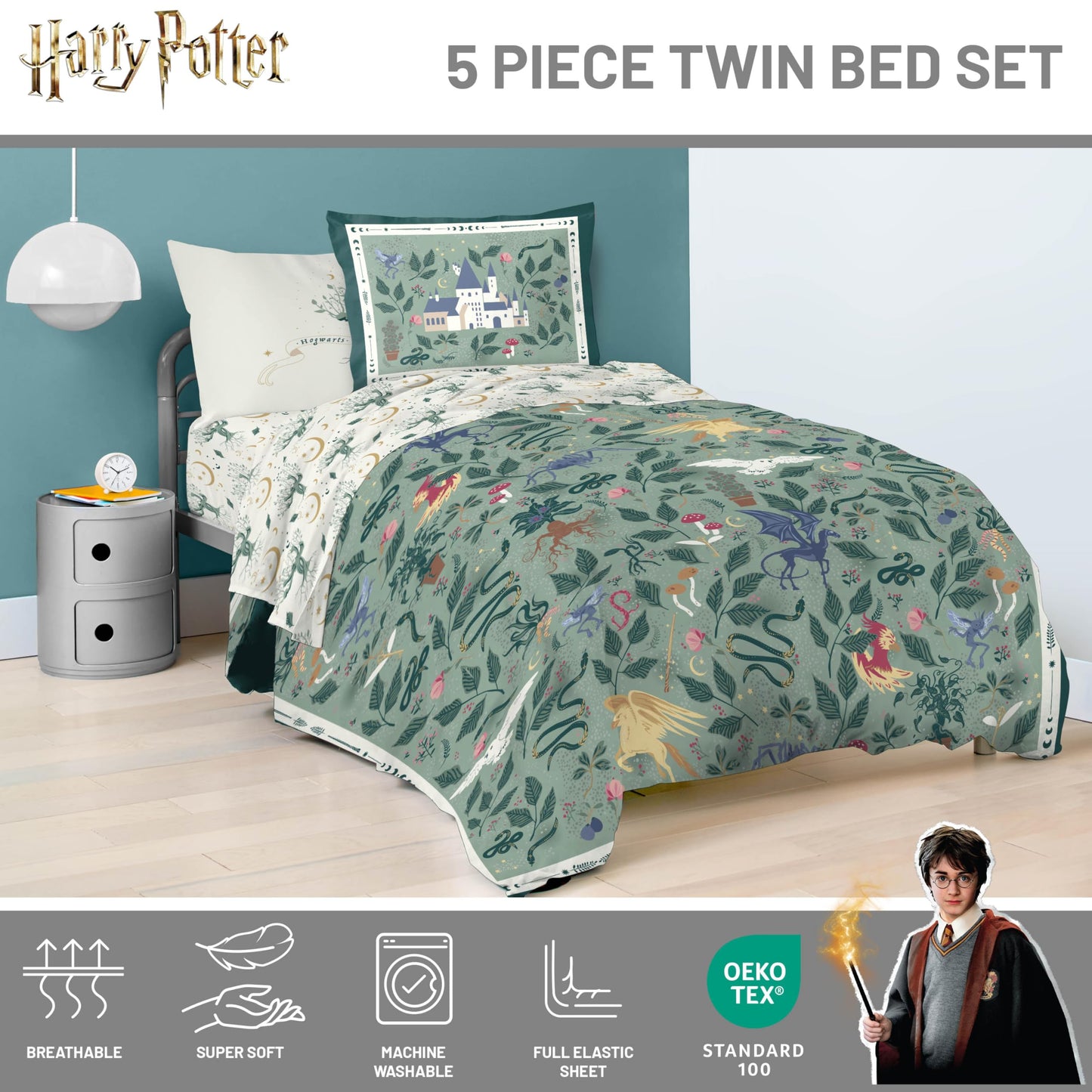 Jay Franco Kids Comforter Set Includes Sheets and Pillow Covers - Soft and Cozy Bed Set for Stylish Room Decor, Official Licensed Product, Green - Harry Potter, 5 Piece Twin