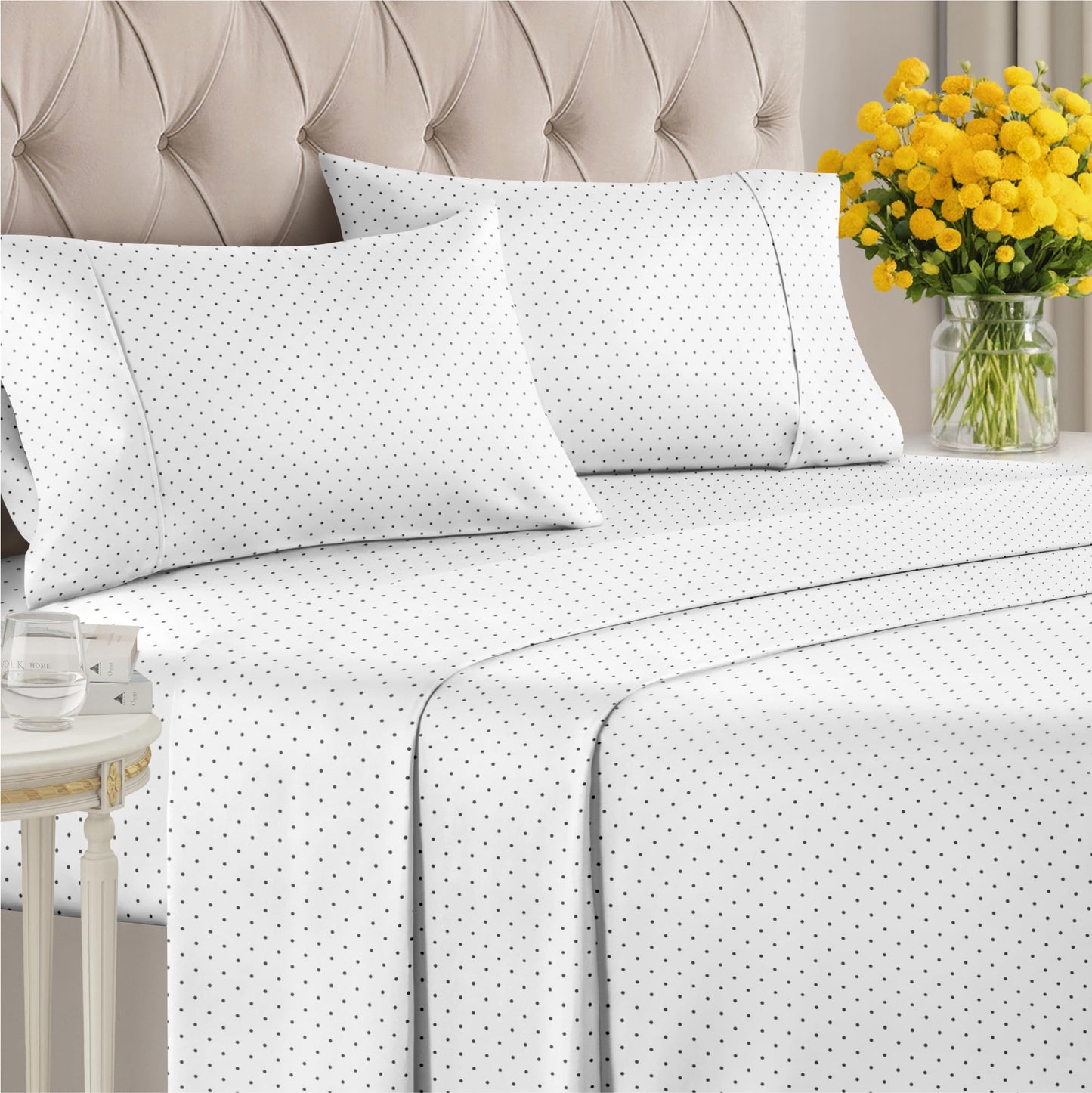 Blue Polka Dots Bed Sheet Set – 1 Flat & 1 Fitted Sheet & 2 Pillowcases w/ Deep Pockets – Polka Dot Bedding - Wrinkle & Fade Resistant - Soft, Breathable & Cooling - Comfy, Luxury Bed Set - Queen Size