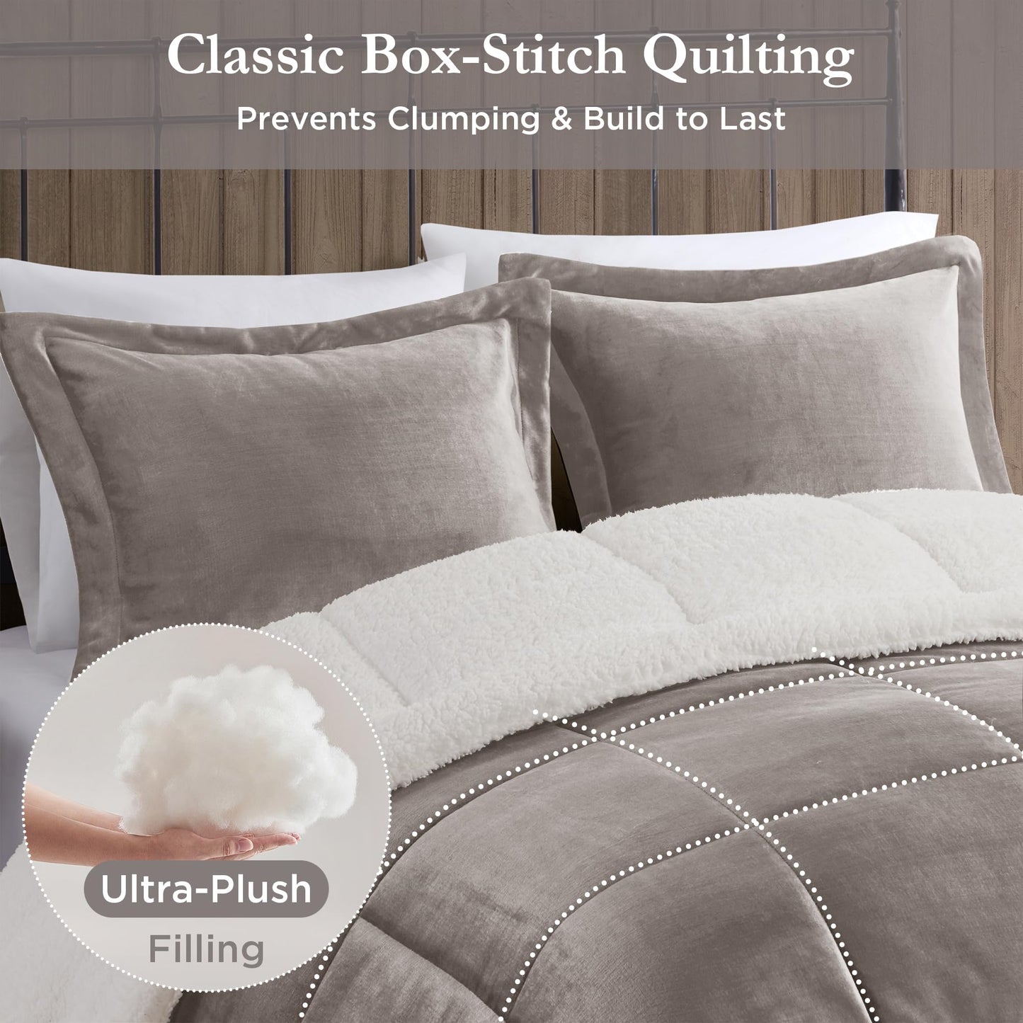 Woolrich Reversible Comforter Set Ultra Soft Plush to Sherpa, Down Alternative, Cold Weather Winter Warm Bedding, with Matching Sham, Decorative Pillow Grey/Ivory Full/Queen 4 Piece