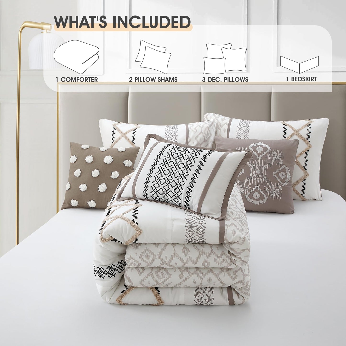 LANCO MODERN LIFESTYLE Taupe Queen Comforter Set, 7 Pieces All Season Bedding Sets in a Bag with Geometric Terry Embroidered Comforter, Bed Skirt, Pillow Shams and Decorative Pillows