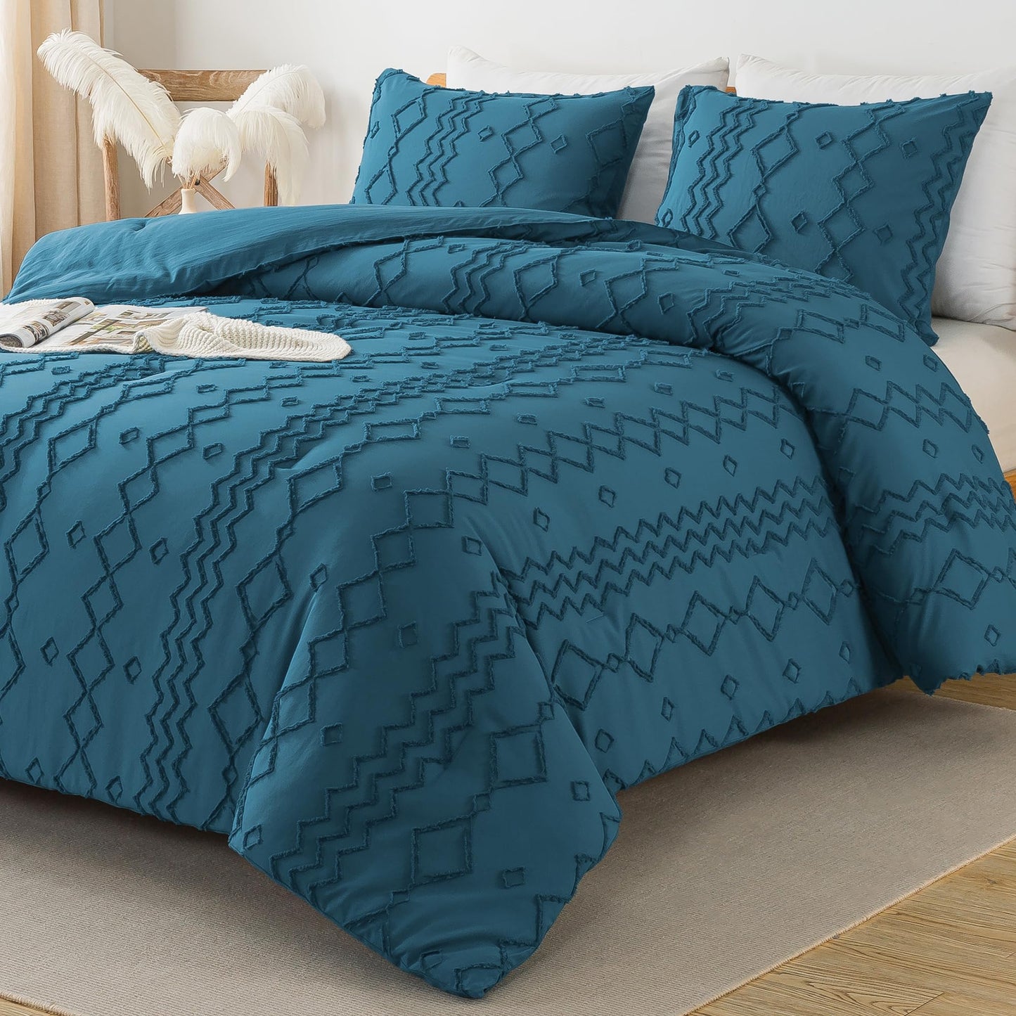 Andency Teal Tufted Comforter Set Queen(90x90Inch), 3 Pieces(1 Boho Comforter, 2 Pillowcases) Textured Farmhouse Bed, Soft Down Alternative Geometric Bedding Set