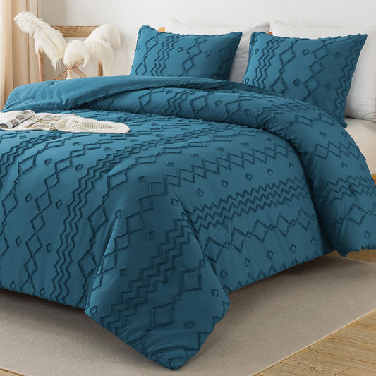 Andency Teal Tufted Comforter Set Queen(90x90Inch), 3 Pieces(1 Boho Comforter, 2 Pillowcases) Textured Farmhouse Bed, Soft Down Alternative Geometric Bedding Set