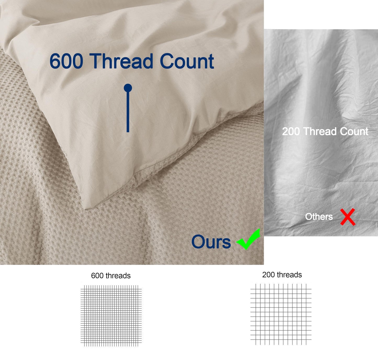 100% Egyptian Cotton Duvet Cover Set Queen Size, Waffle Weave Duvet Cover, 600 TC Soft Breathable Luxury Bedding Set for All Season, 3 PCS, 1 Duvet Cover and 2 Pillowcases, Light Beige, 90"x90"