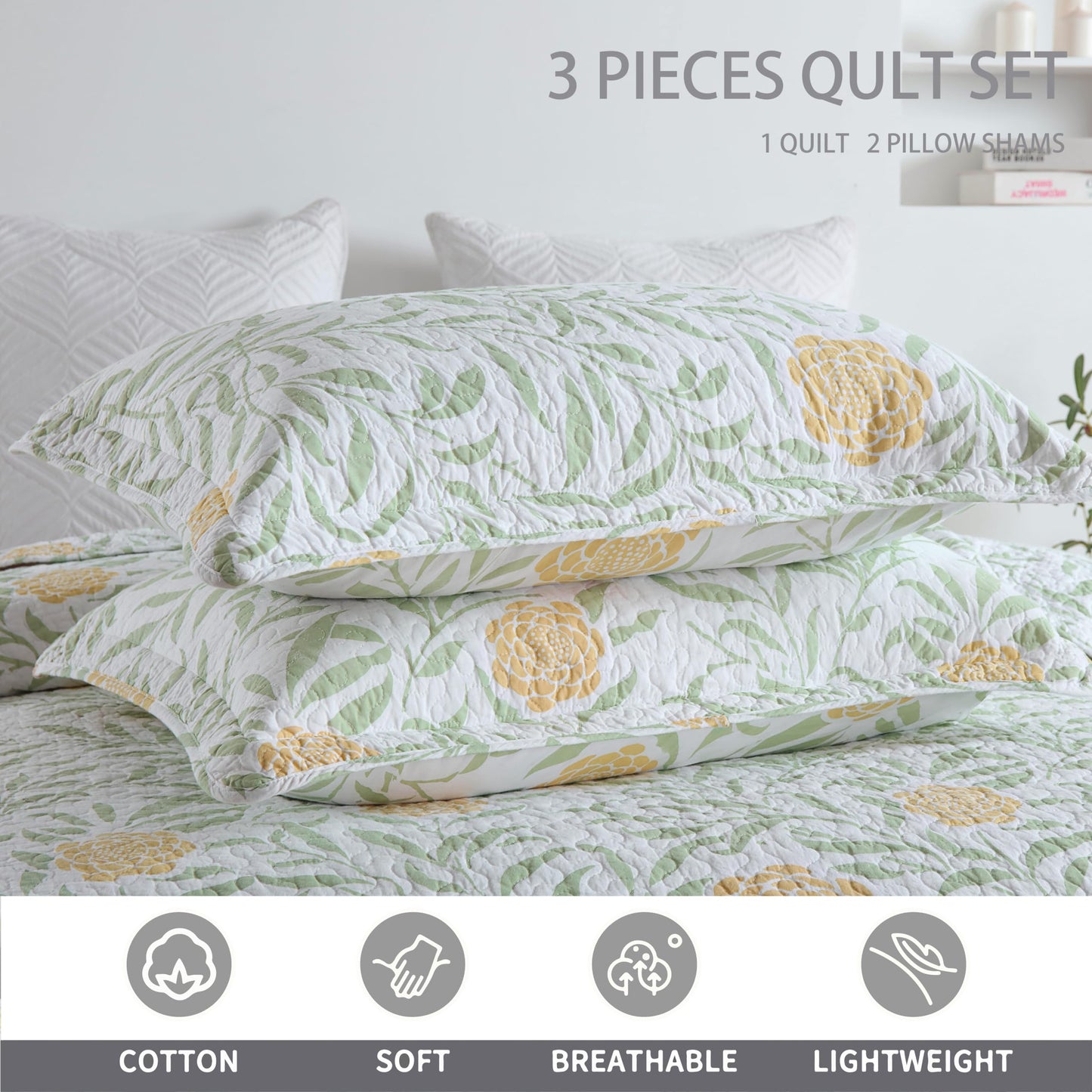 Homzard Queen Comforter Set for Bed Floral Quilt Queen size-100% Cotton Yellow,Green,sage Bedspreads (90 * 98 Inch) with 2 Pillow Shams, Lightweight Garden Bedding Spring and Summer Style