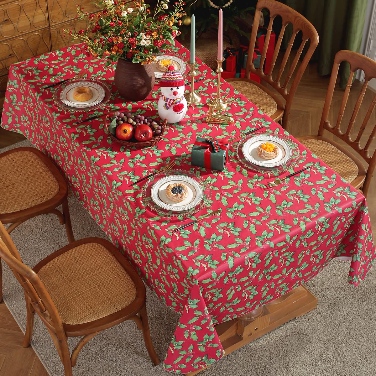 Christmas Tablecloth Rectangle Vinyl Flannel Backing, Floral Holly & Berry Print Waterproof Plastic Heavy Table Cloth for Dining, Buffet Party & Outdoor Decorations, 52 x 70 Inch Red