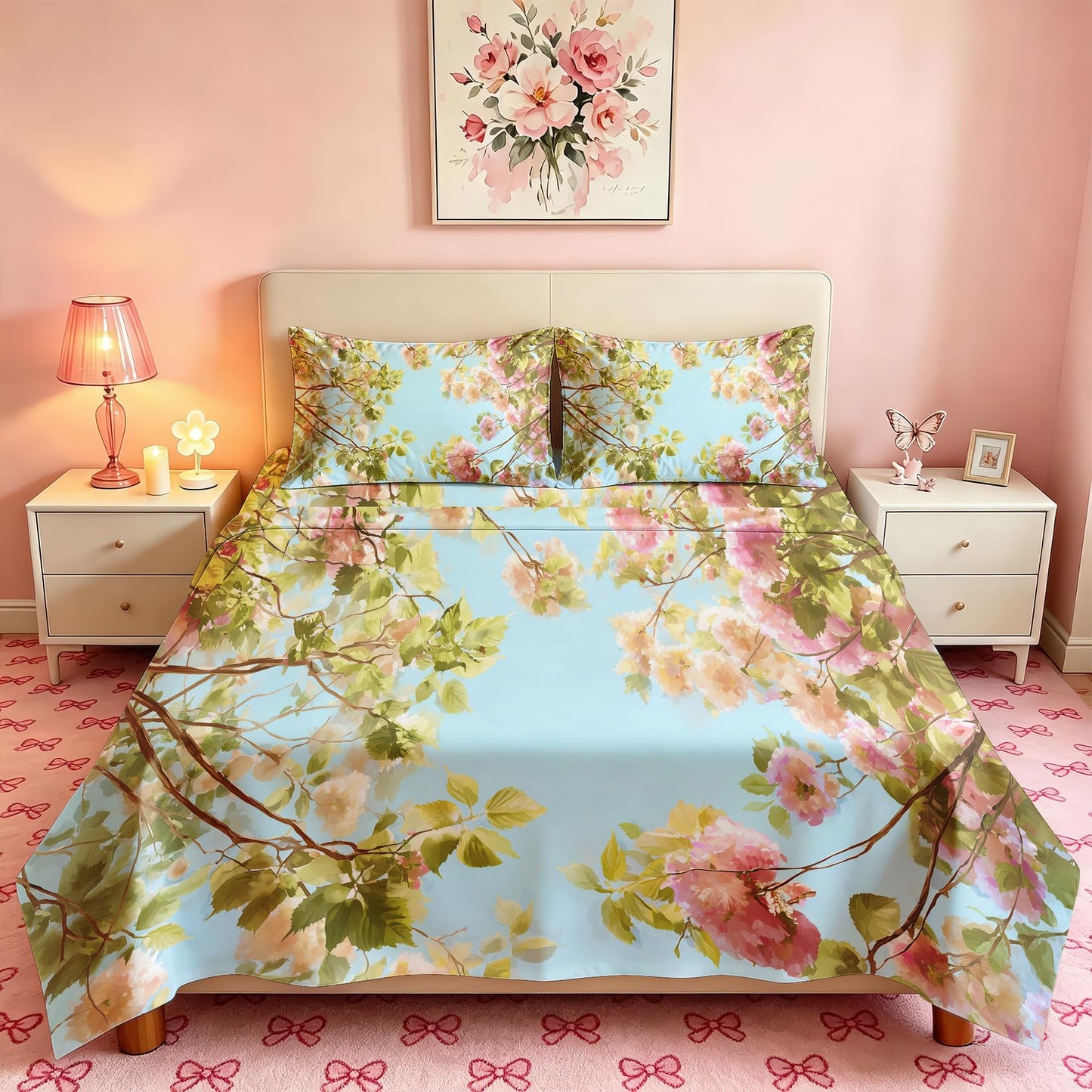 Spring Flower Bedding Set 4 Pcs Blue Sky Floral Full Sheets
