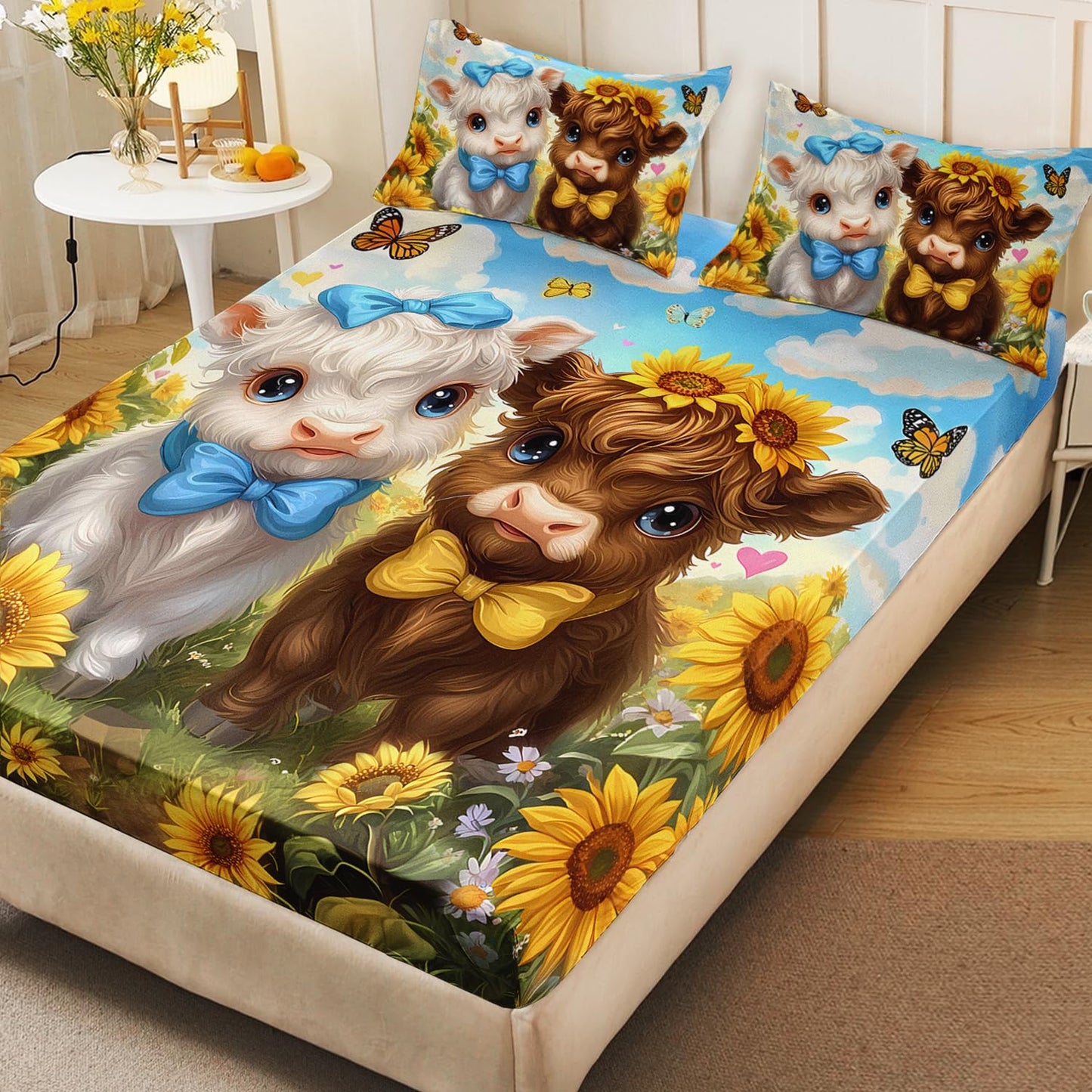 HOSIMA Highland Cow Fitted Sheet Full for Kids,Cute Cows in Sunflowers Field,Butterfly Pattern Animal Themed Kawaii Bedding for Boys Girls Room Decor,1 Fitted Sheet+2 Pillowcases.