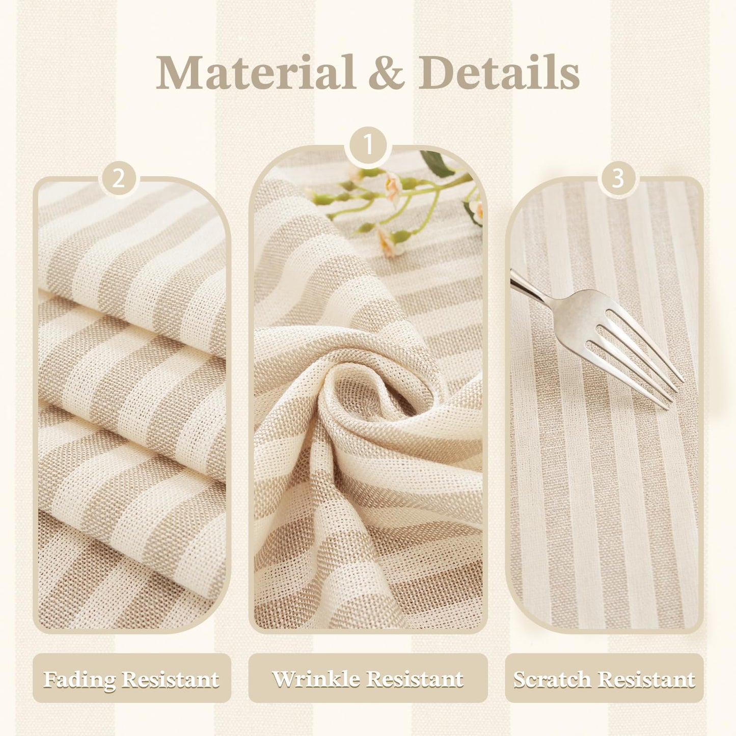 Laolitou Beige Striped Table Cloth Square Table Wrinkle Resistant Cotton Linen Tablecloth Washable Table Cover for Dining Kitchen,Beige and White,55"X55"