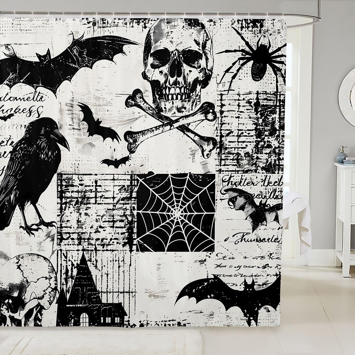 Feelyou Halloween Decor Shower Curtain for Bathroom Decor Gothic Skull Bath Curtain for Stalls Bathtubs Crow & Bat Waterproof Polyester Fabric with 12 Hooks 72"x72"