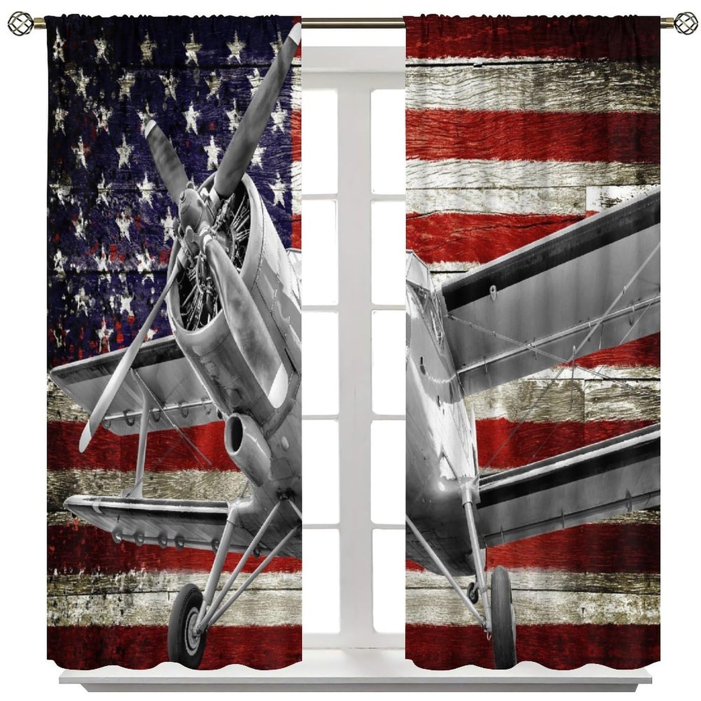 AAVEUP Airplane Curtains Retro Rustic American Flag Old Military Combat Aircraft Windows Treatments Rod Pocket Drapes for Kids Boys Teenager Living Room Bedroom Kitchen 42x45in