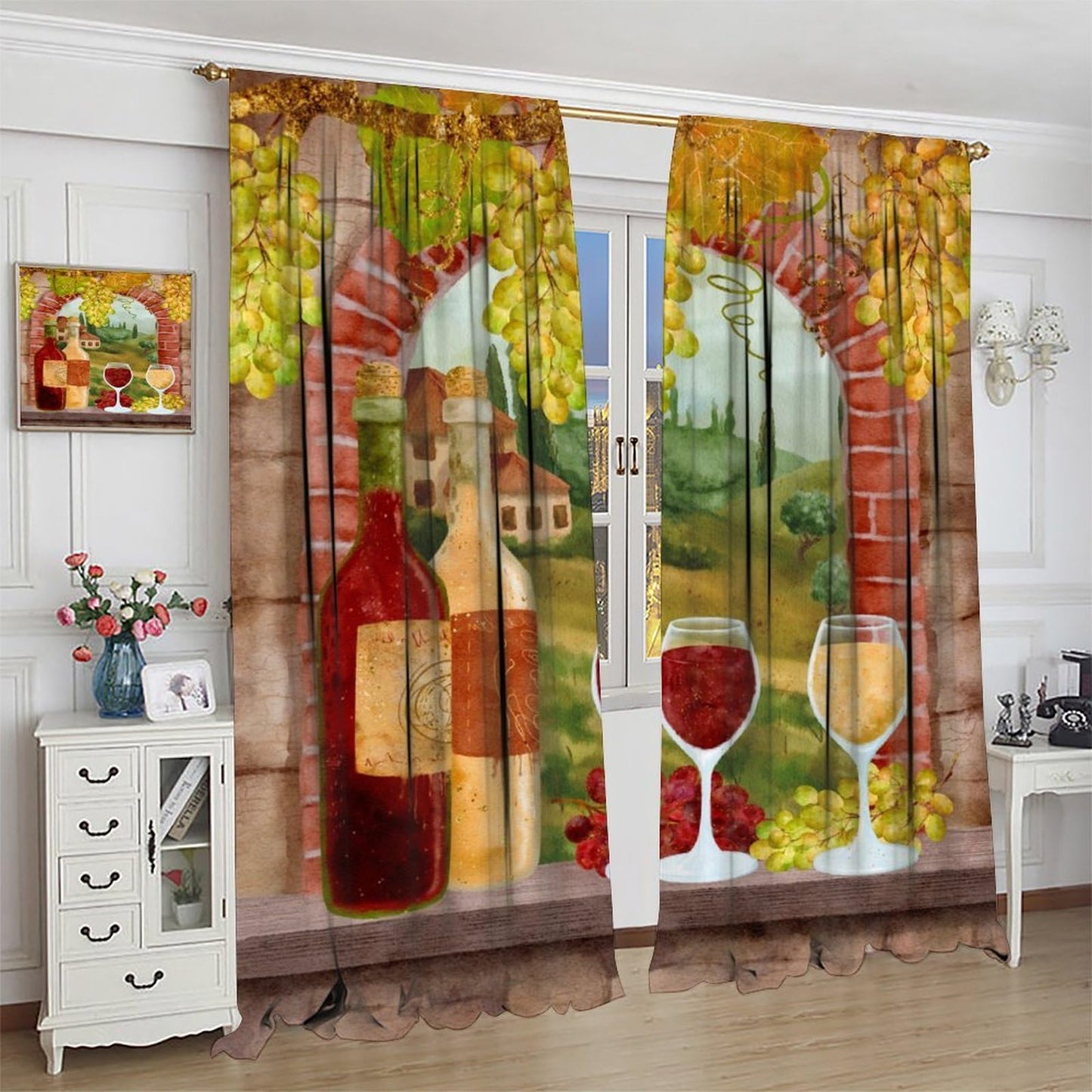 GoDazzling Red Wine Blackout Curtains, Watercolor Pattern Bottles Glasses Grapes Retro Abstract Window Drapes, for Living Room Bedroom 42" W X 45" L