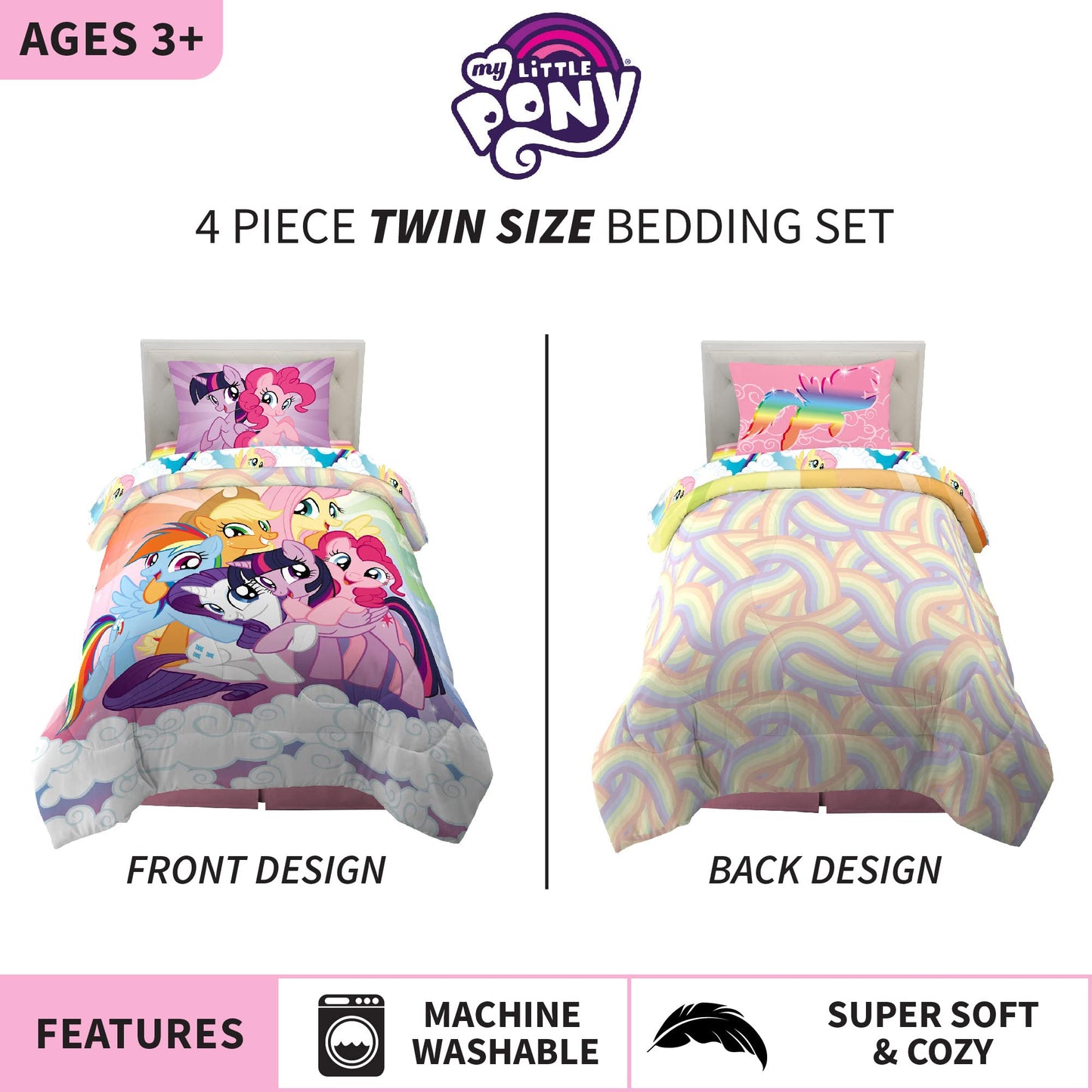Franco Kids Bedding Super Soft Microfiber Comforter and Sheet Set, 4 Piece Twin Size, Unicorn My Little Pony