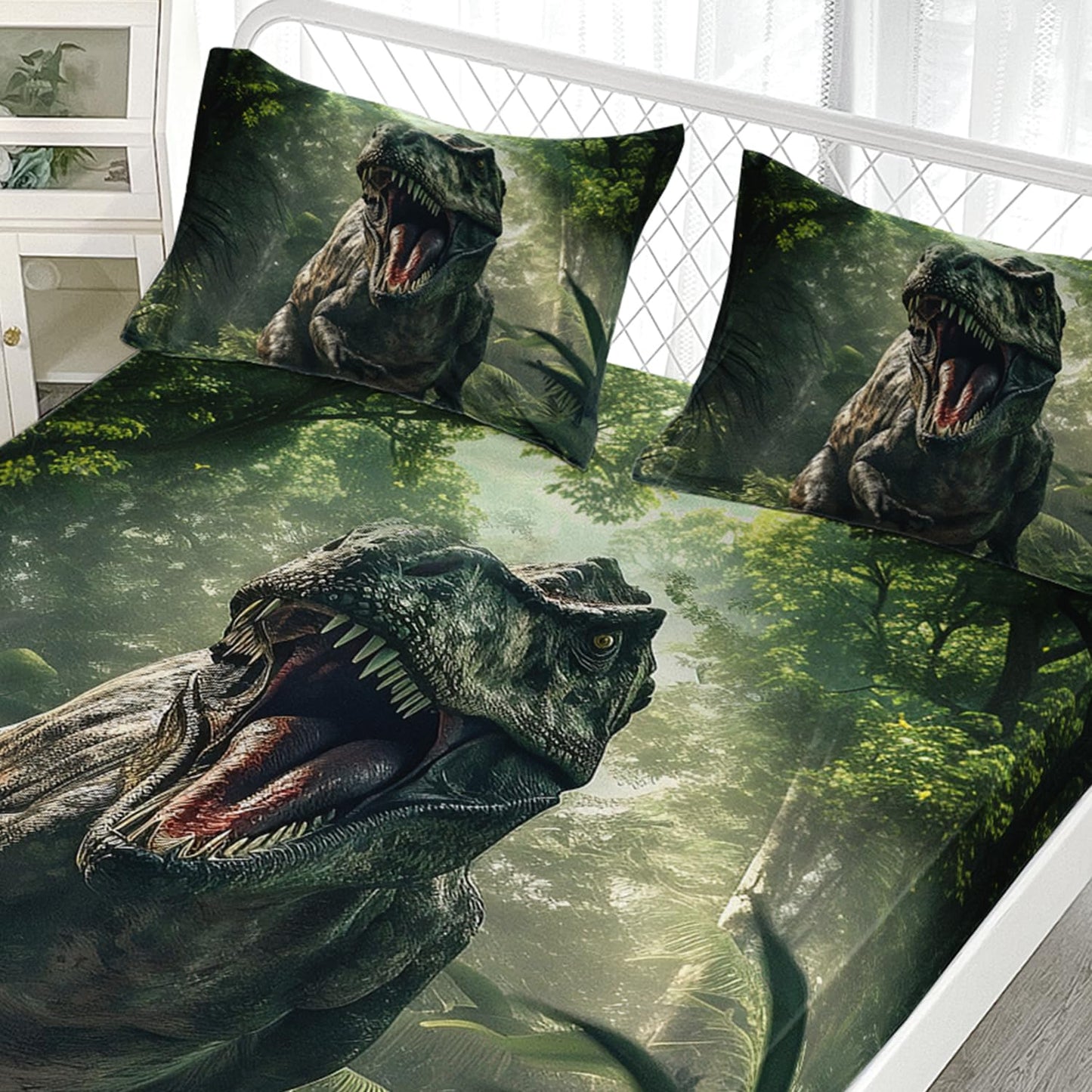 AILONEN 3D Realistic Dinosaur Fitted Sheet Set Twin XL Size, Tropical Wildlife Bedding Set for Boys Teens Kids,Ancient Dino Animal Bedsheets Set,3-Pieces,1 Sheet Set + 2 Pillowcases,Soft,Breathable