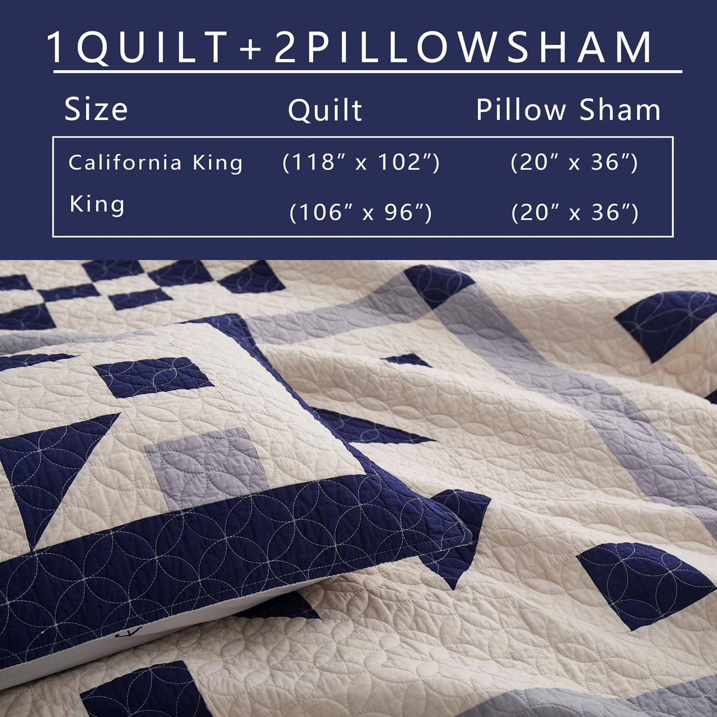 HUANXULISI California King Quilt, Navy Blue Grey, 118x102 Inch