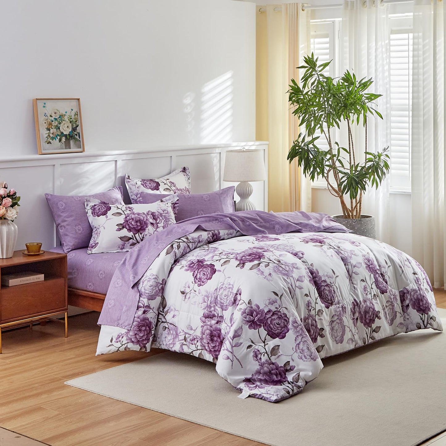 Purple Flower Bed in a Bag 7 Pieces Queen size Floral White Comforter Sheet Set Soft Microfiber Lightweight Summer Bed Set (1 Comforter 2 Pillow Shams 1 Flat Sheet 1 Fitted Sheet 2 Pillowcases)