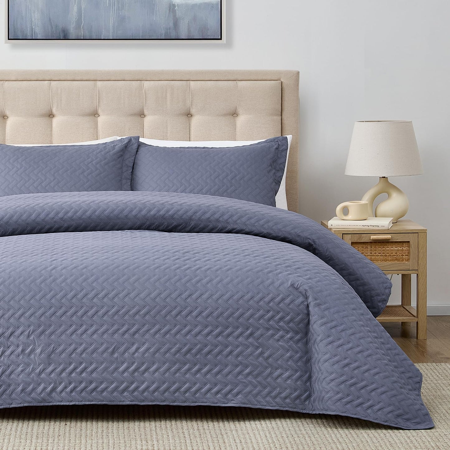 Hansleep Greyish Blue Quilt Queen Size - Chevron Pattern Ultrasonic All Season Bedspread Queen, Soft Lightweight Coverlet Bedding Set, 3 Piece (1 Quilt, 2 Pillow Shams)