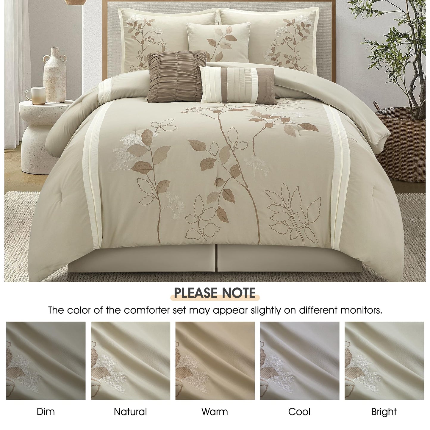 LANCO MODERN LIFESTYLE Beige Queen Comforter Set, 7 Pieces Bed in a Bag, Elegant Floral Leaves Embroidery, Soft and Lightweight All Seasons Bedding Set, Bedskirt, Pillow Shams, Decor Pillows