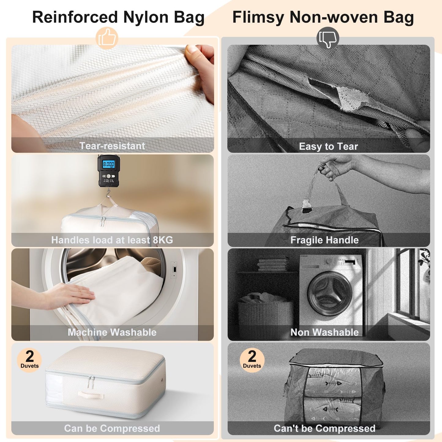 DIMJ Comforter Storage Bag - Large Capacity Ultra Space Saving Self Compression Organize for Duvet, Pillow, Bedding, Blanket Storage Organizer Nylon Compression Bags, Sheet Storage, Beige, 4 Pack