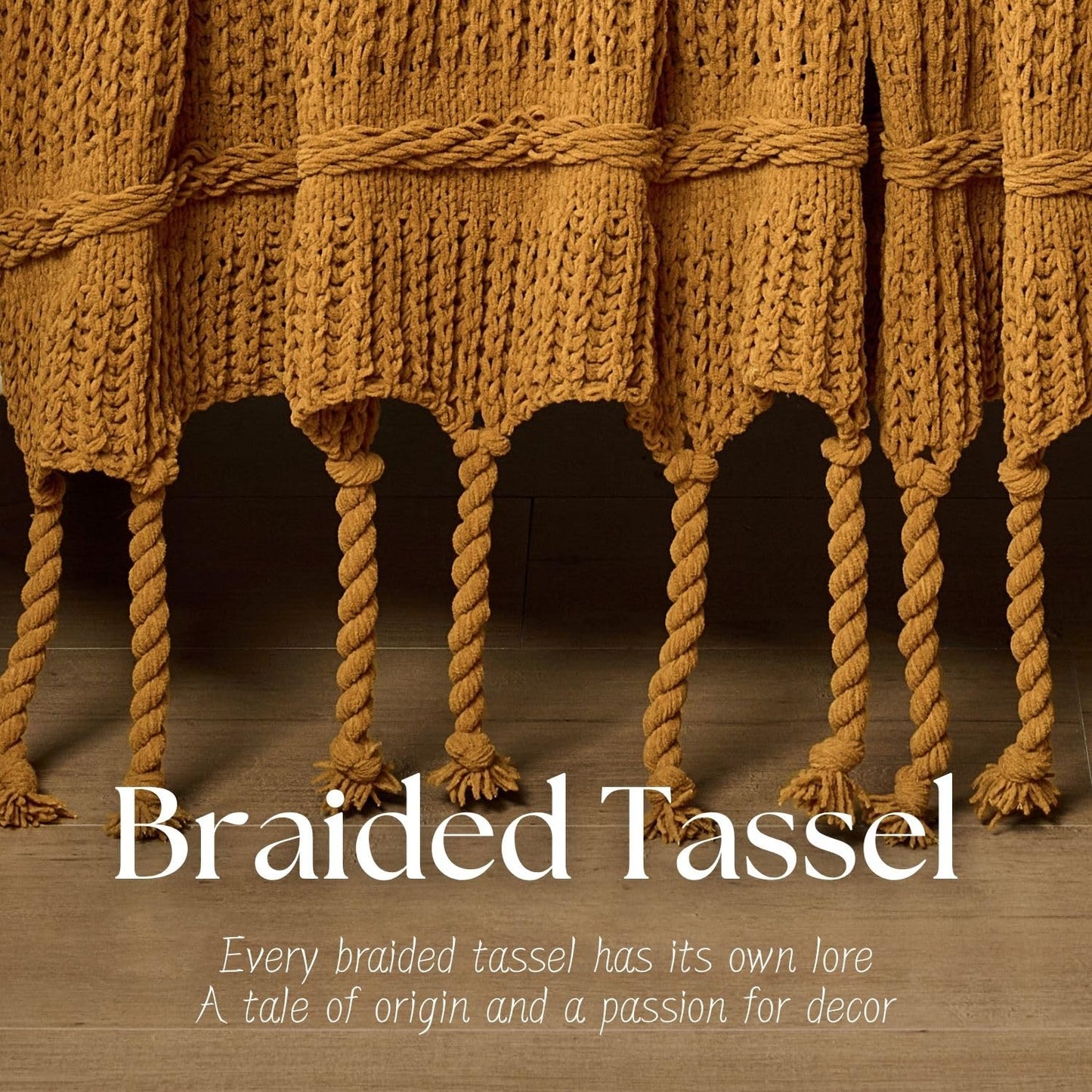 Boho Knitted Chenille Blanket with Tassels - Lightweight & Soft All-Season Throw - 3D Classic Pattern for Living Room Bedroom Couch, Amber Brown, Queen 90"x90"