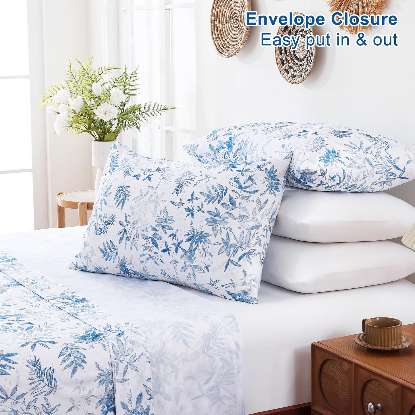 Swiftify Botanical Full Size Sheets Set 6-Piece, Boho Floral Brushed Microfiber Sheets, Cooling Bed Sheet Set, Soft & Breathable, 16' Deep Pocket Fitted Sheet & Pillowcase Set, Blue Fern Whisper