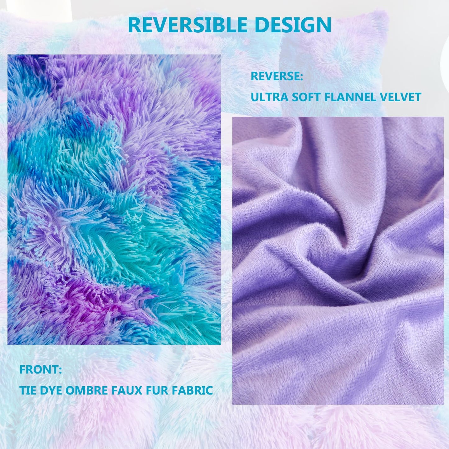 SUCSES Blue Purple Fluffy Twin Bedding Sets for Girls 3Pcs Faux Fur Plush Shaggy Kids Duvet Cover Set Twin Size Tie Dye Velvet Furry Comforter Cover Set