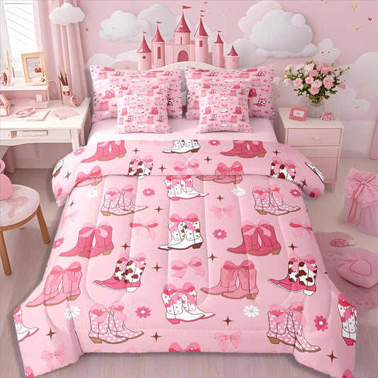 Erosebridal Western Bow Comforter Set with Sheets Cowgirl Pink Bow 7-Piece Bedding Set Twin Size Cartoon Stars Flowers Bed in A Bag Teen Girl Vintage Western Hat Boot Bedding Comforter Sets