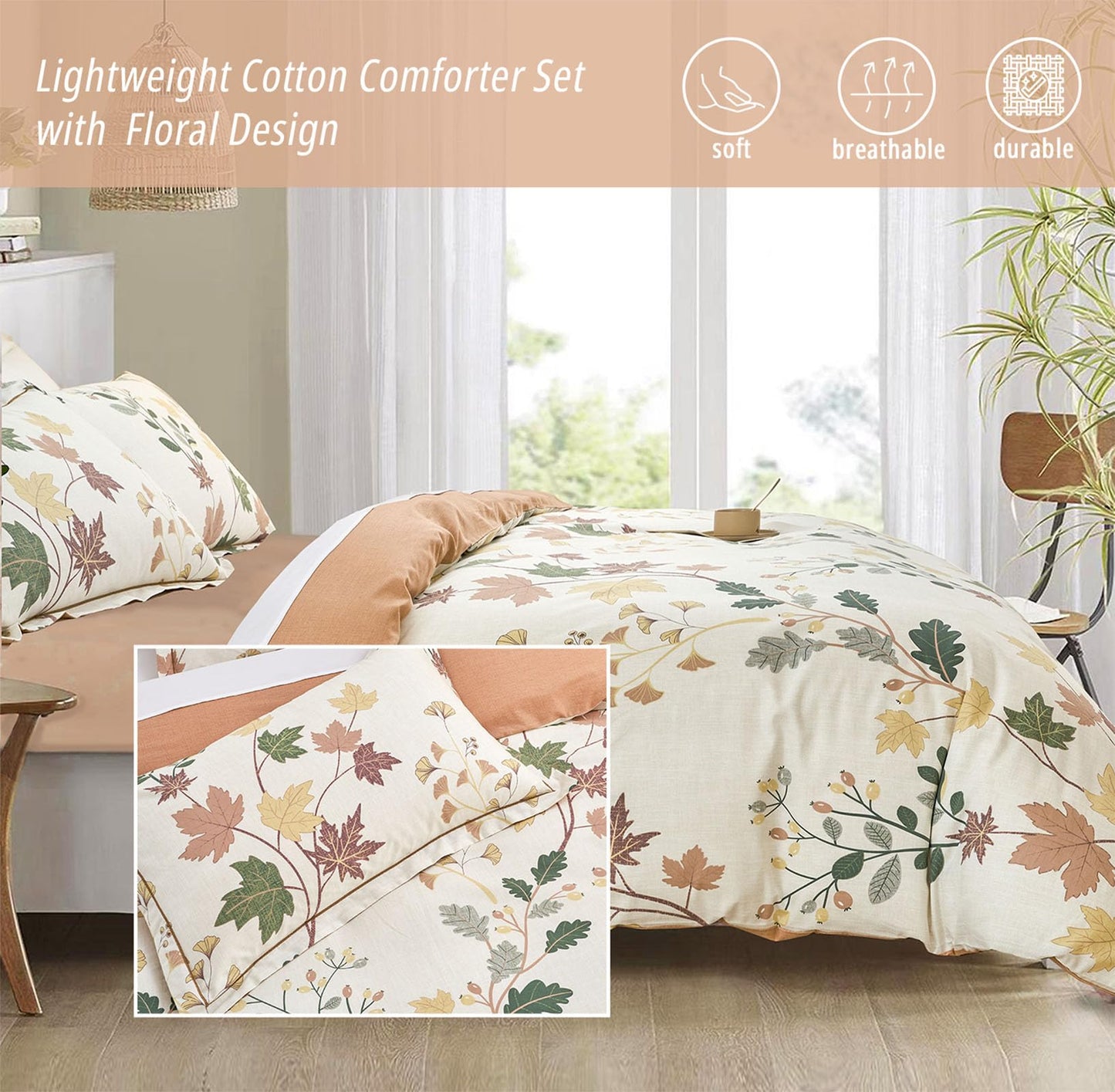 LEMIROE Botanical Cotton Comforter King Size - Luxurious Design with Maple Leaves and Branches on Beige, Textured Maple Orange Back, 3PC Lightweight Bedding Set with Ultra-Soft Alternative Fill