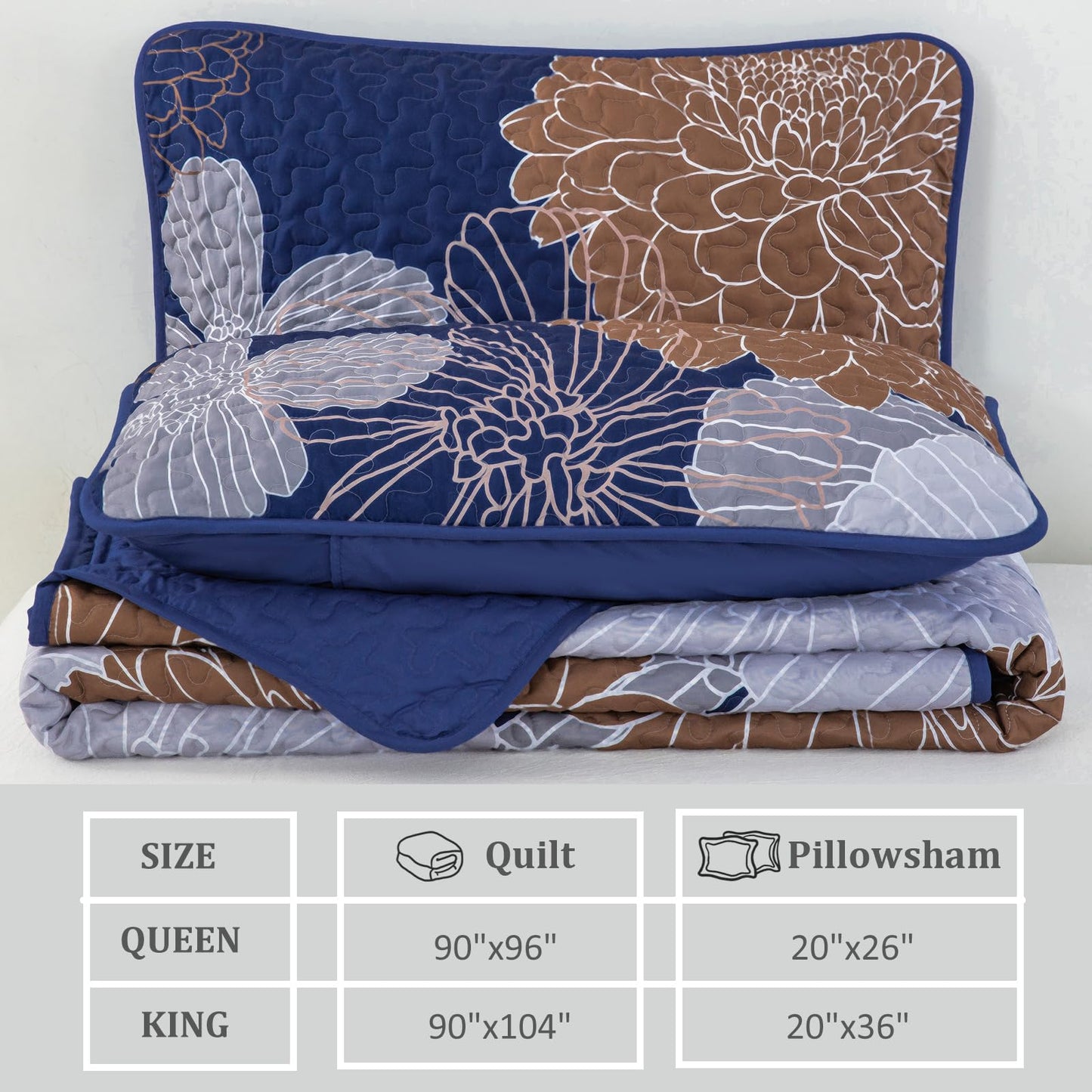 Anibedding Floral Bedspread Quilt Set Queen 3 Pieces-Navy Blue Bohemian Floral Quilt Coverlet Set Soft Microfiber Lightweight Quilted Bedspread with Pillow Shams for All Season 96"x90"