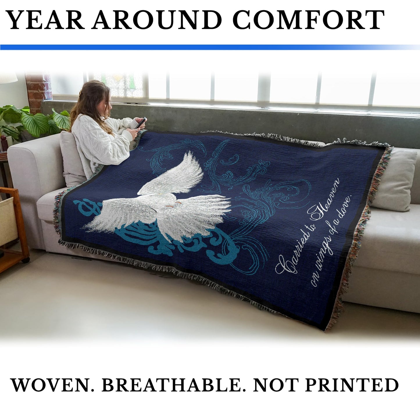 Pure Country Weavers Carried to Heaven on Wings of a Dove Blanket by Sherri Buck Baldwin - Sympathy Bereavement Gift Tapestry Throw Woven from Cotton - Made in the USA (72x54)