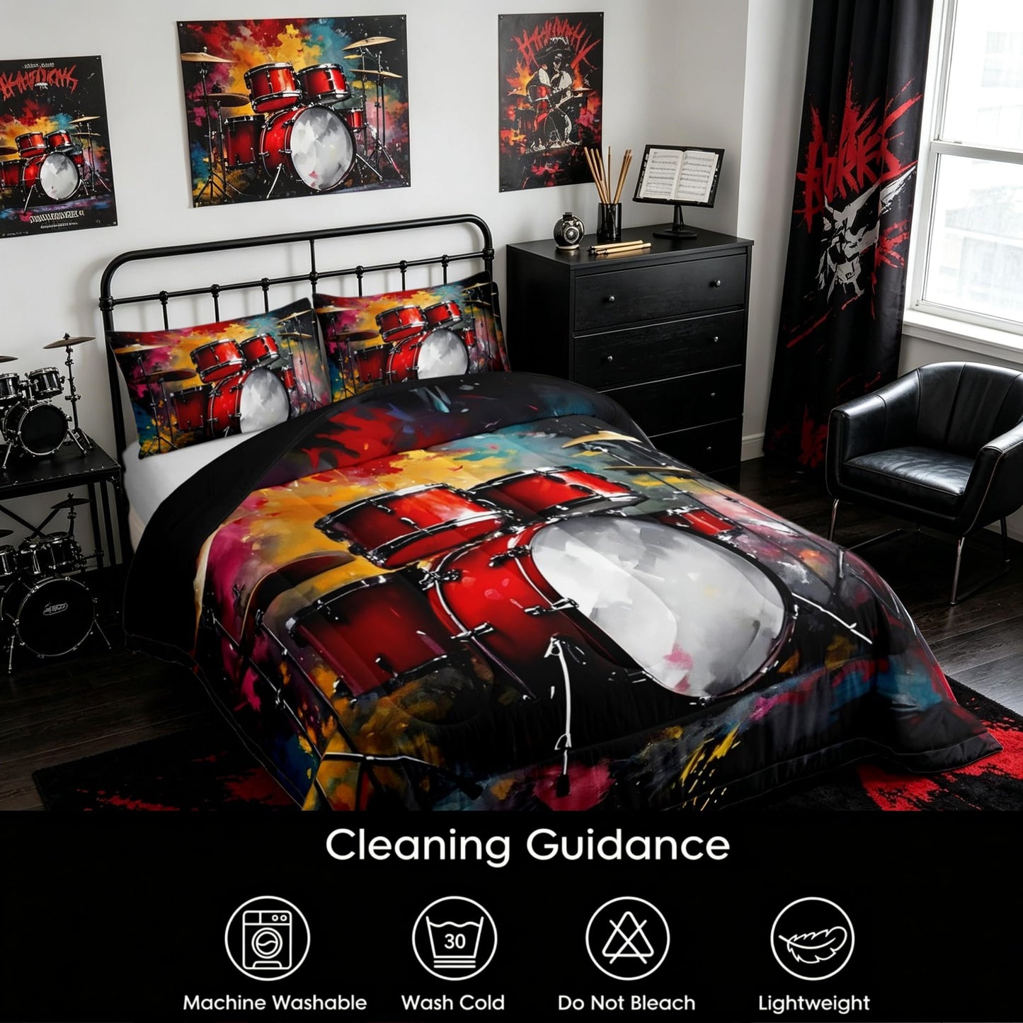 Erosebridal Drum Kit 3D Print Kids Comforter Sets Rock Music Themed Queen Bedding Set for Boys Girls Musical Pattern Comforter Set,Colorful Retro Style Quilt Duvet 3 Pcs
