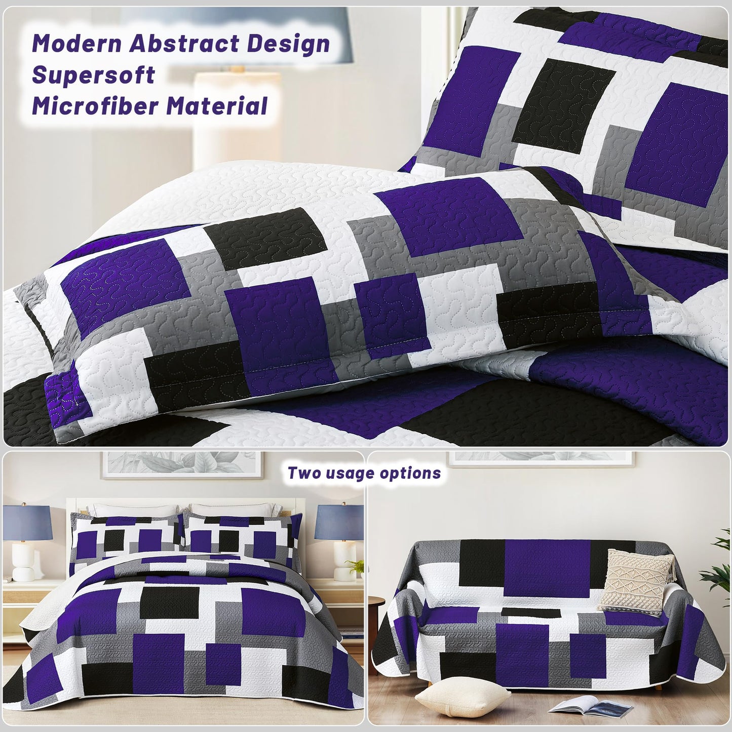 Tyrot 3 Piece Dark Purple Grey Quilt Set King Size Black White Geometric Reversible Bedding Set Microfiber Lightweight Bedspread Coverlet with 2 Shams Modern Bed Covers for All Season, 106''x96''