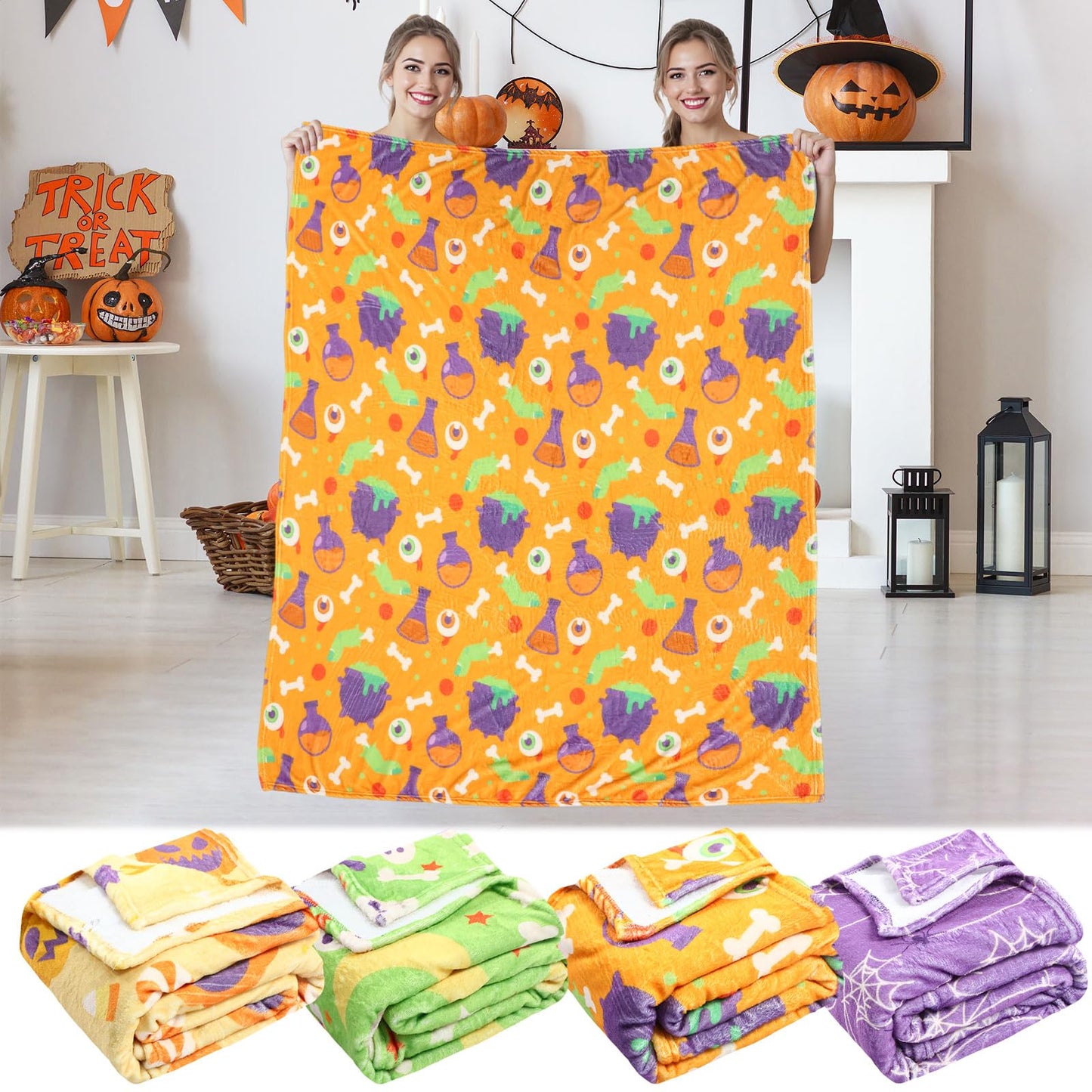 Fanfanwin 4 Pack Halloween Throw Blankets Pumpkin Spider Web Bone Eyes Wizard Hat Moon Soft Flannel Fuzzy Blankets Halloween Cozy Gifts Picnic Home Decor for Sofa Chairs Living Bedroom, 50 x 60 Inch