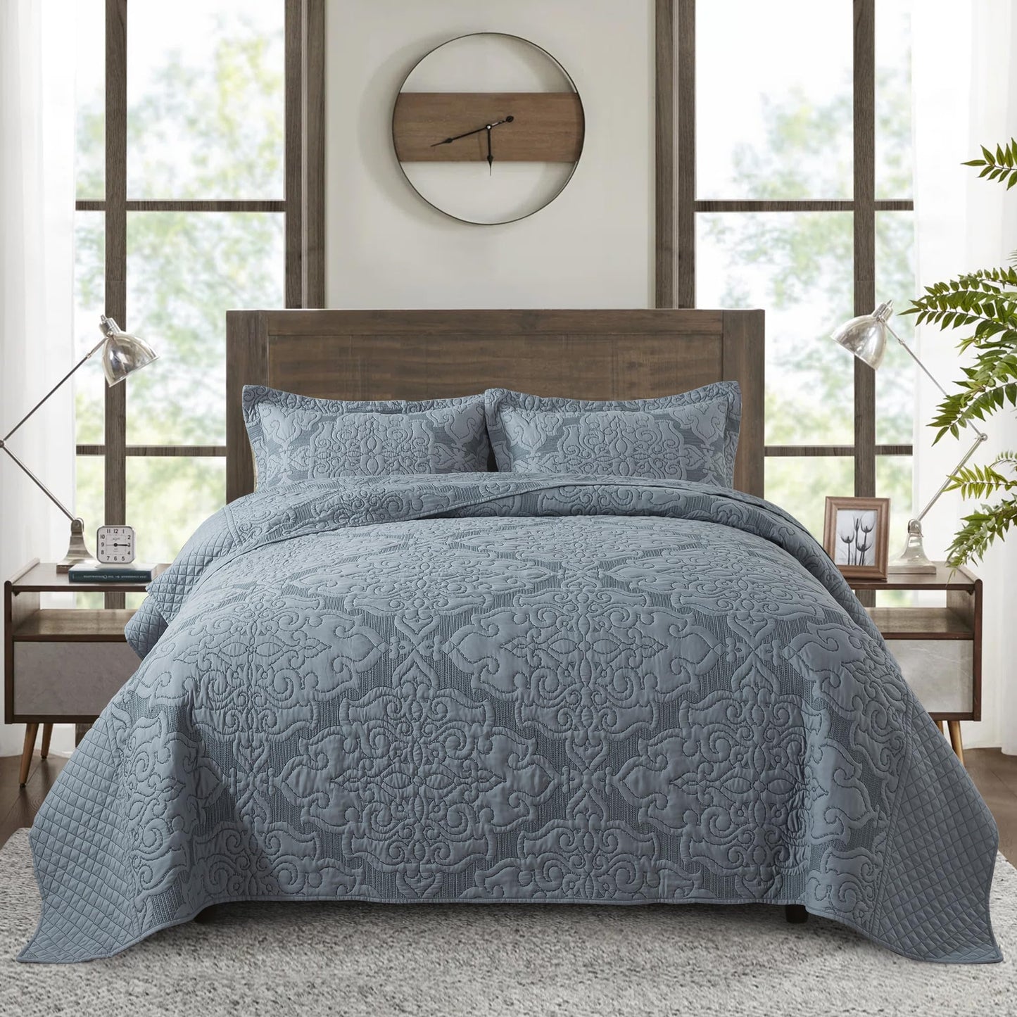 NEWLAKE Reversible Quilt Bedspread Embroidered Microfiber Coverlet Set,Jacquard Embossed Floral,Grey, Queen Size
