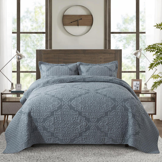 NEWLAKE Reversible Quilt Bedspread Embroidered Microfiber Coverlet Set,Jacquard Embossed Floral,Grey, Queen Size
