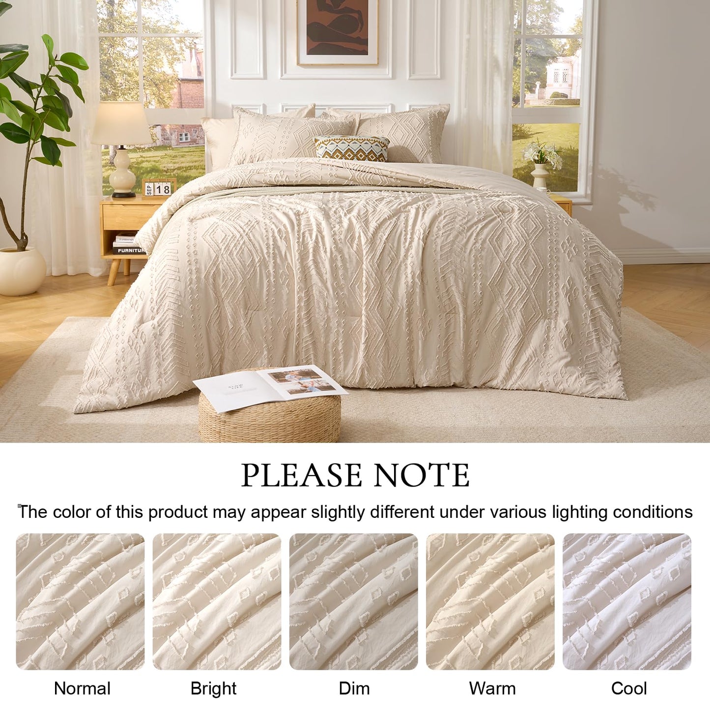 Jameswish Queen Comforter Set - Bed in a Bag Boho Summer Bed Set, 7 Pieces Soft Fluffy Lightweight Queen Comforter for All Seasons,Gifts for Woman, Farmhouse Shabby Chic Embroidered Bedding
