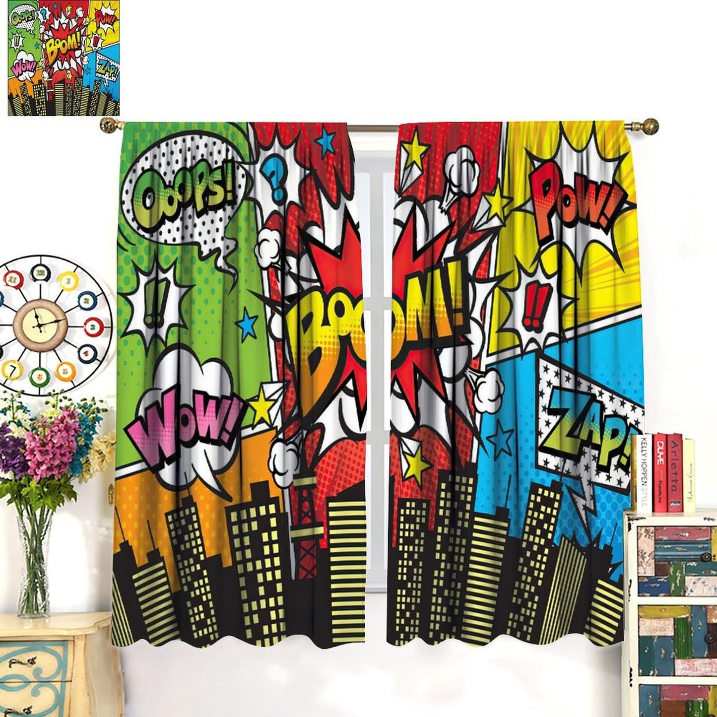 Nanacur Super City Hero Decor Curtains, City Skyline Buildings Cityscape Pattern Printed Window Drapes, for Kid Teens Girls Boys Young Man Living Room Bedroom 21(W)*45(L) 2 Panels (Decorative)