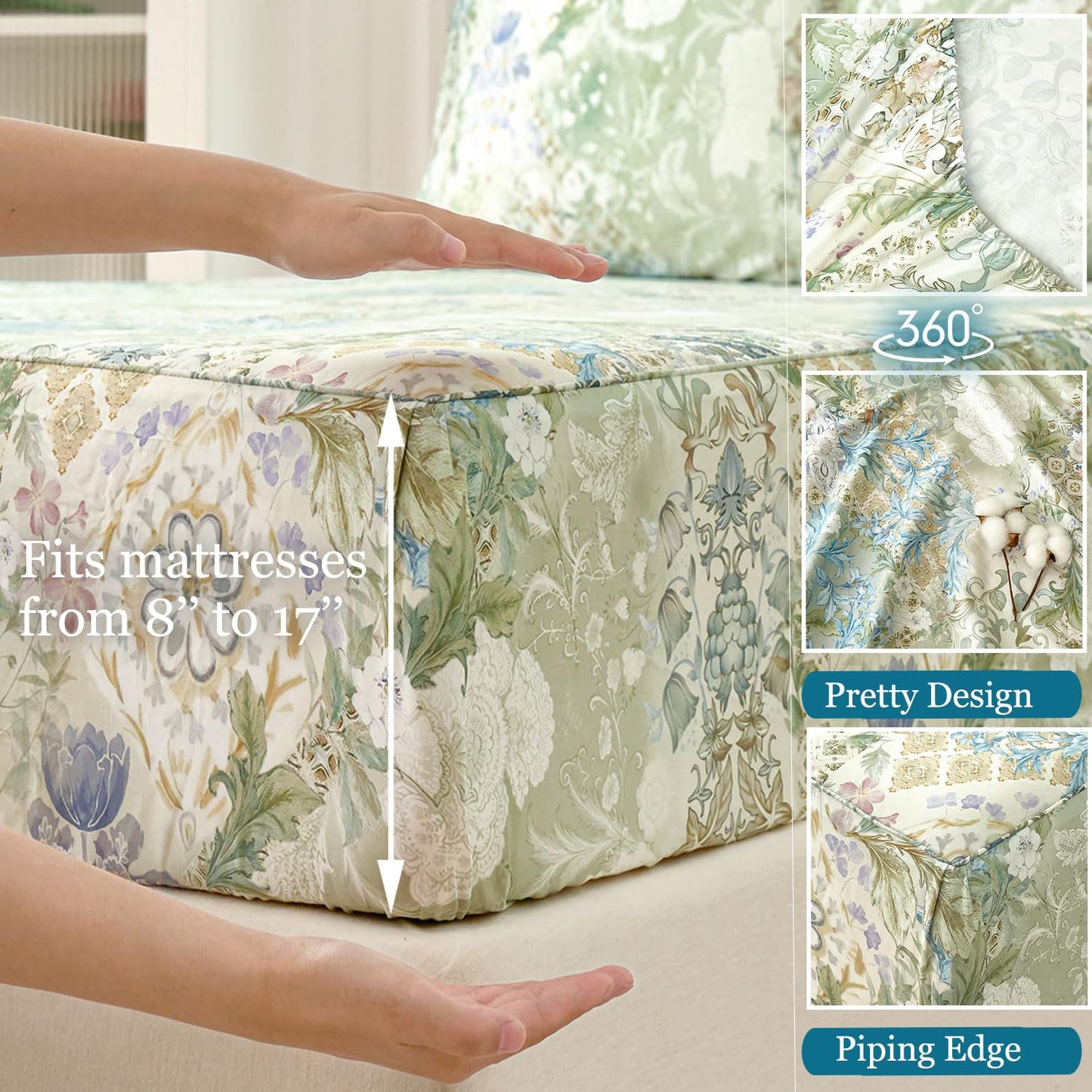 Zusbest Queen Sheet Set Luxury Sage Green Floral Bed Sheets 100% Cotton, Satin Weave Soft Silky Breathable for Hot Sleepers American Country Style Vintage Flower Deep Pocket 17.5‘’ Bed Set 4Pcs