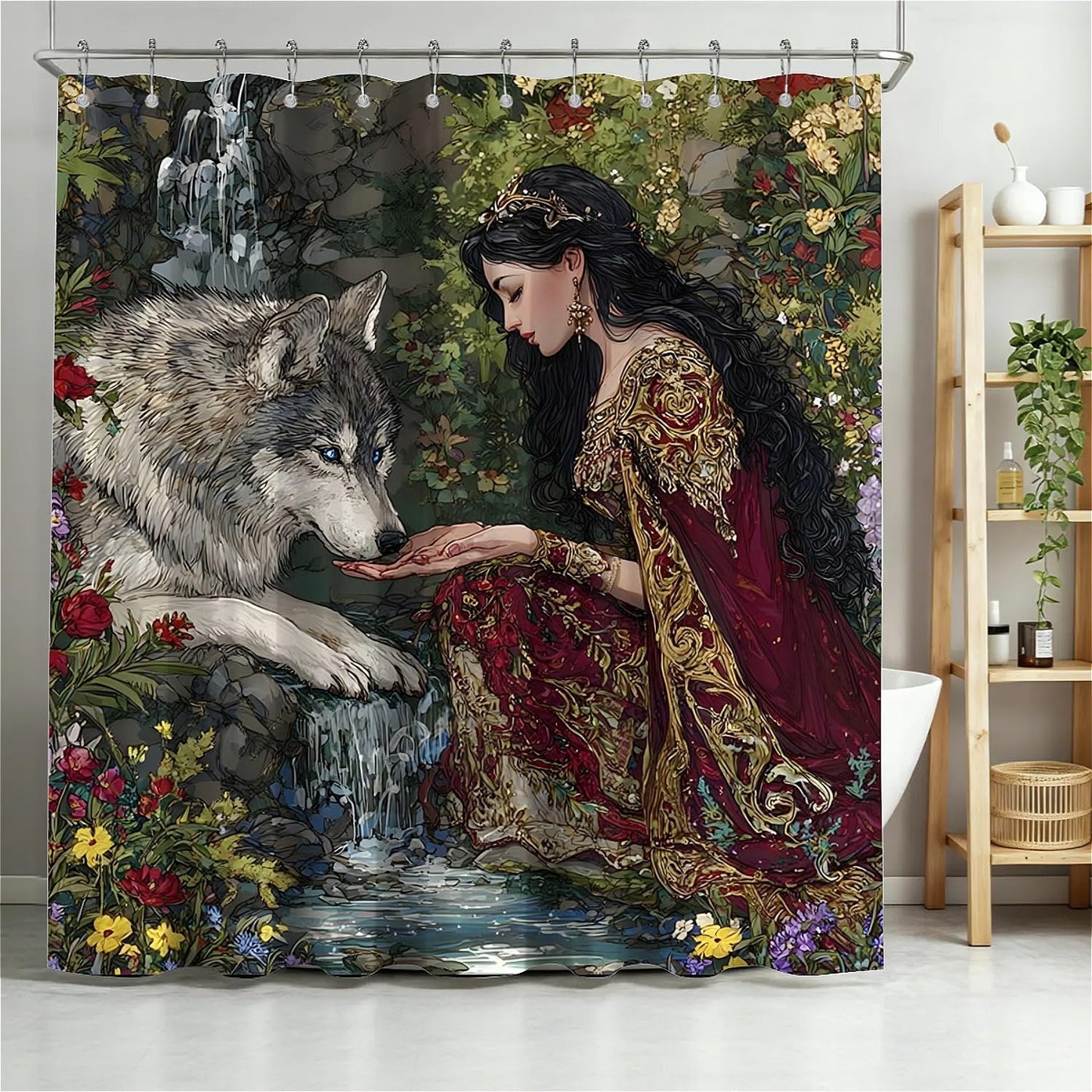 TANGXUNFA Princess and the Wolf Shower Curtain for Bathroom, Water-Resistant Long Shower Curtain Set 72x72 Inch with Metal Grommets and 12 Metal Hooks