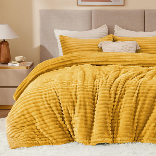BEDELITE Fleece Queen Comforter Set -Super Soft & Warm Fluffy Mustard Yellow Bedding, Luxury Fuzzy Heavy Bed Set for All Season with 2 Pillow Cases