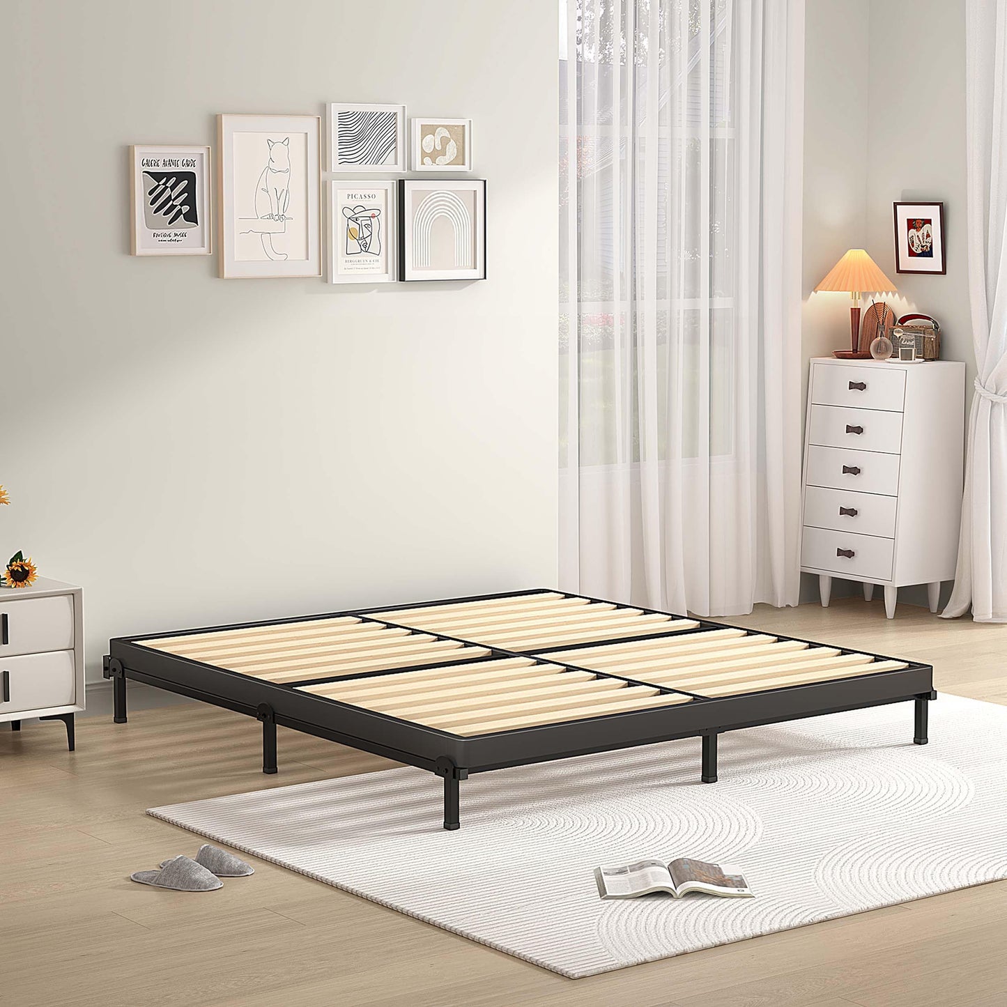 MAF 2 Inch Queen Box Spring with Round Corners, Low Profile Box Spring for Queen Bed, Bunkie Board with Wood Slats Bed Slat Replacement 3500 lbs Black Heavy Duty Mattress Foundation, Easy Assembly