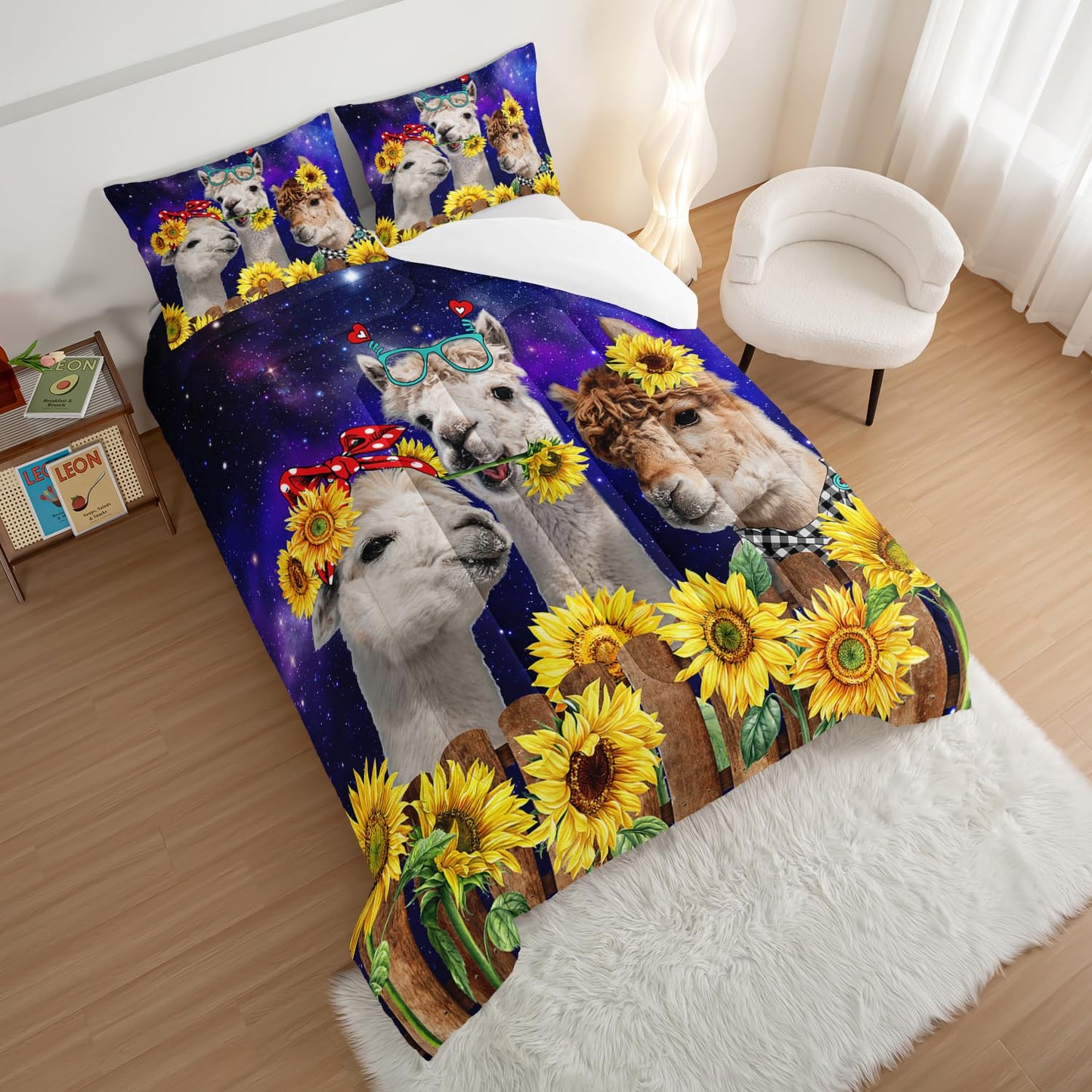 HOSIMA Funny Llama Twin Comforter Set,Alpacas Bedding Sets Animal Theme Room Decor.Soft Microfiber Star Galaxy Sunflower Full Size Bed in a Bag for Boys Girls Children Teens Dorm Room Essentials.