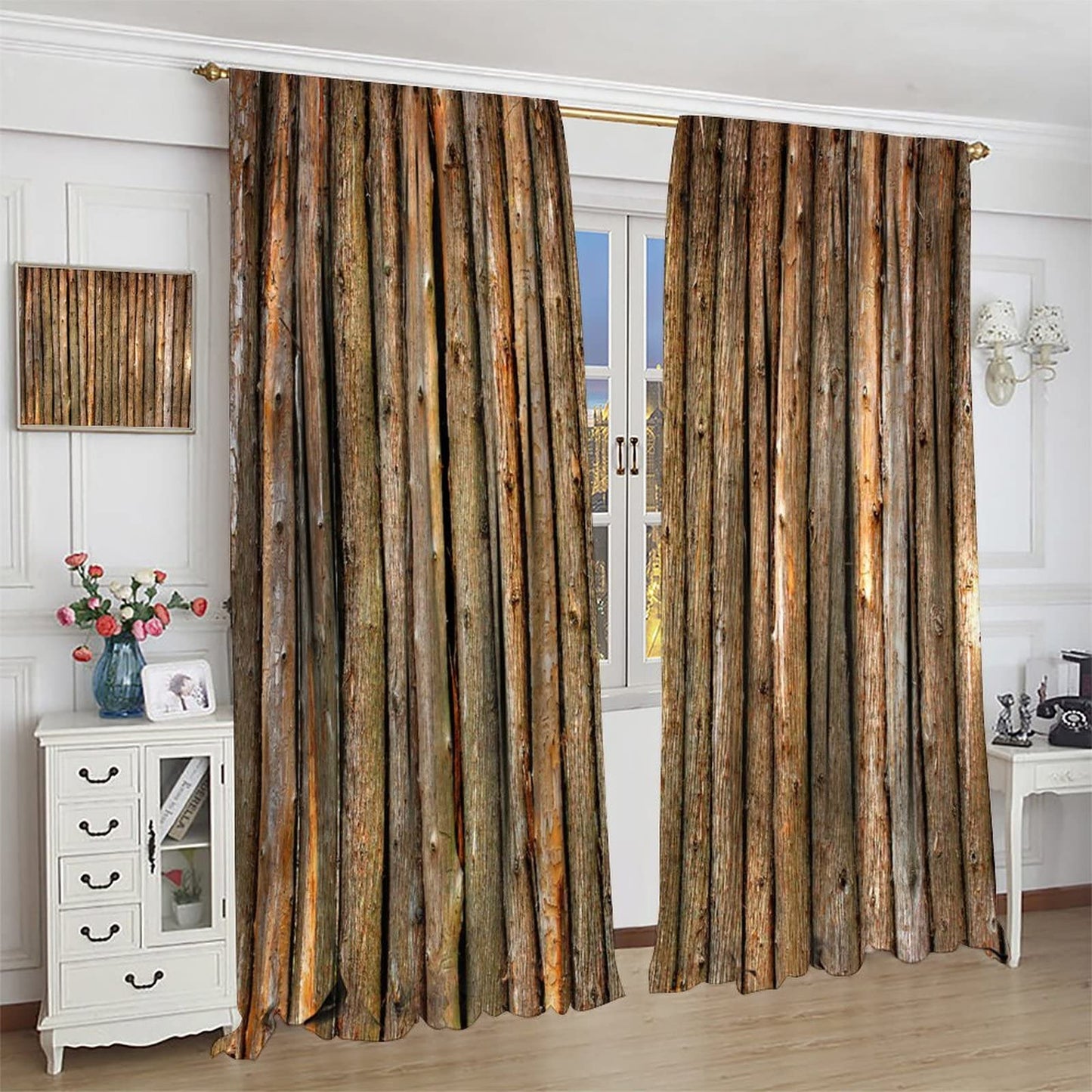 GoDazzling Rustic Wooden Barn Door Blackout Windows Curtains, Old Wood Texture A Row of Wooden Posts, for Living Room Bedroom 42x45in 2 Panels