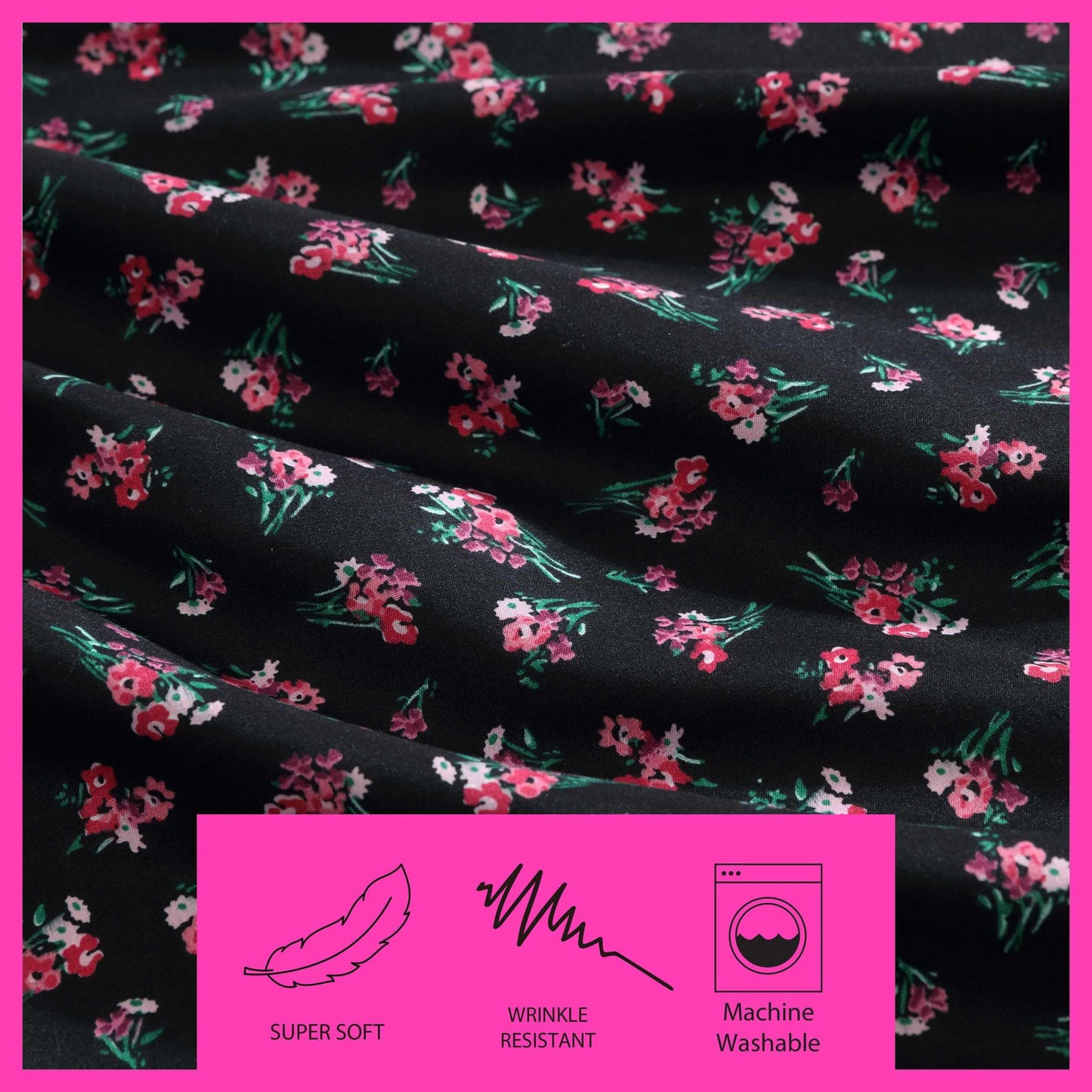 Betsey Johnson - Queen Bed Sheets, Soft & Lightweight Bedding, Fade & Wrinkle Resistant (Bouquet Ditsy Black, Queen)