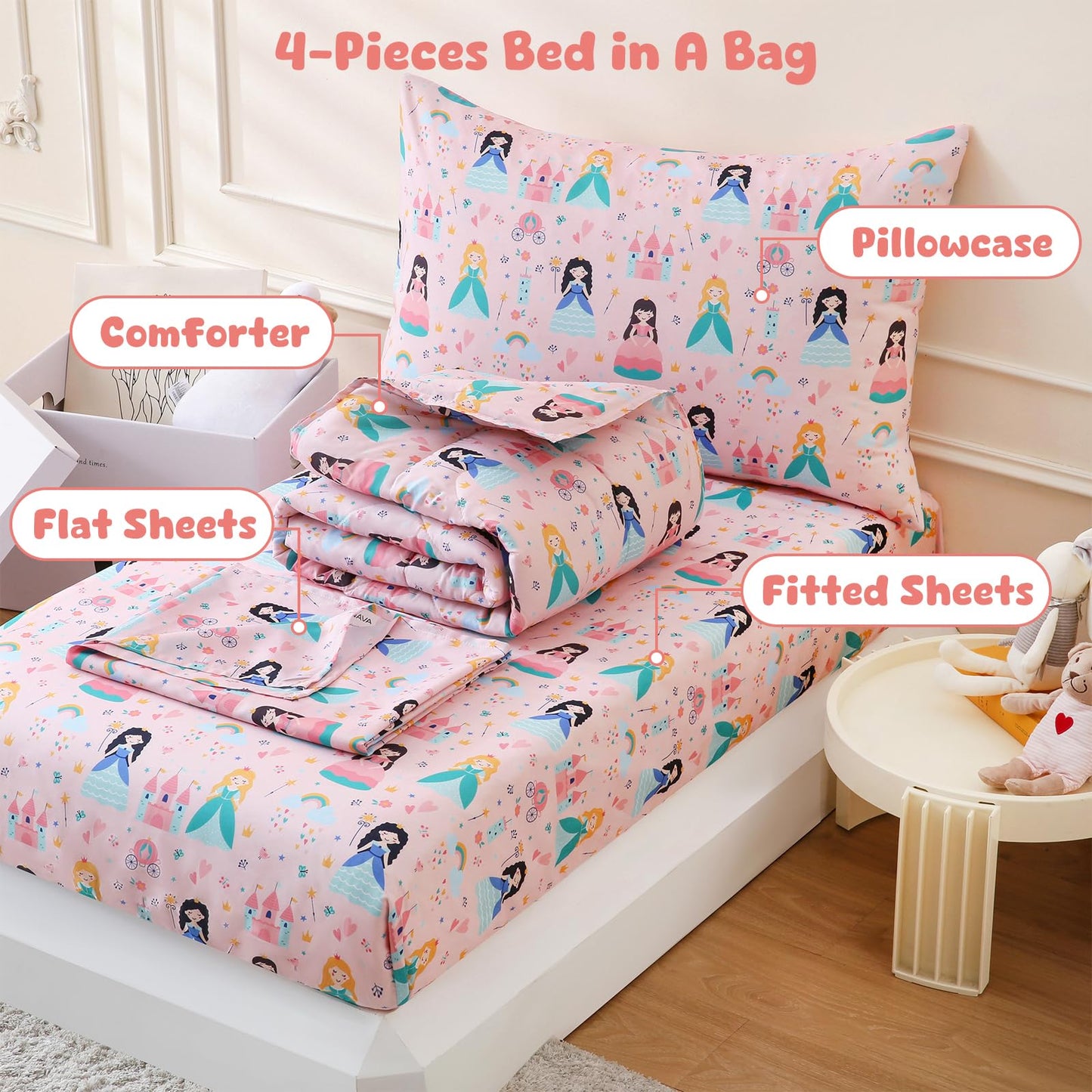 LONAVA Toddler Kids Comforter Set - 4 Pieces Toddler Bedding Sets for Boys Girls Children, Ultra Soft Microfiber Bed in A Bag with Flat Fitted Sheets, Princess
